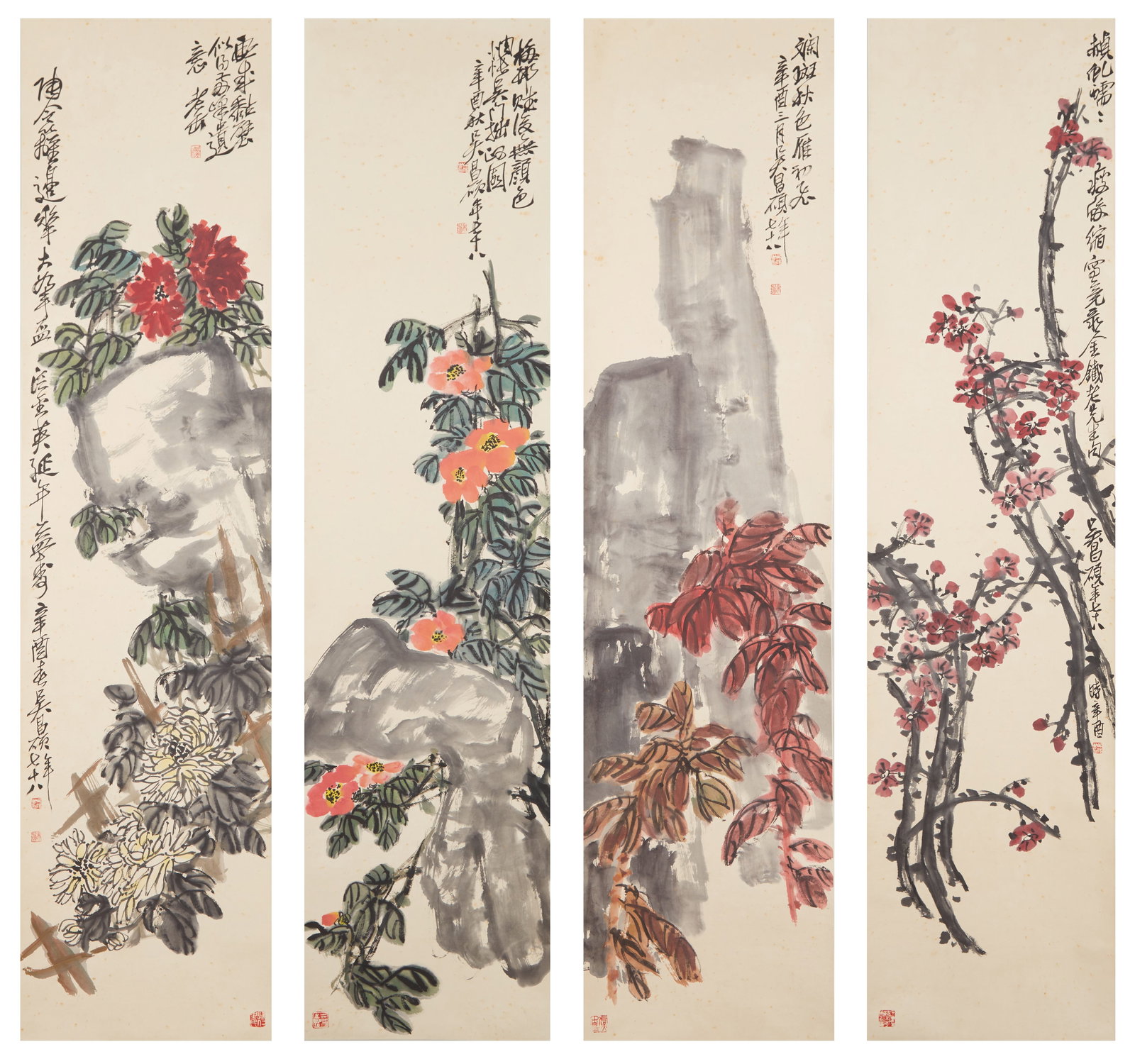 A FLOWER PAINTINGS ON PAPER BY WU CHANGSHUO (FOUR WORKS).吳昌碩 (1 of 20)