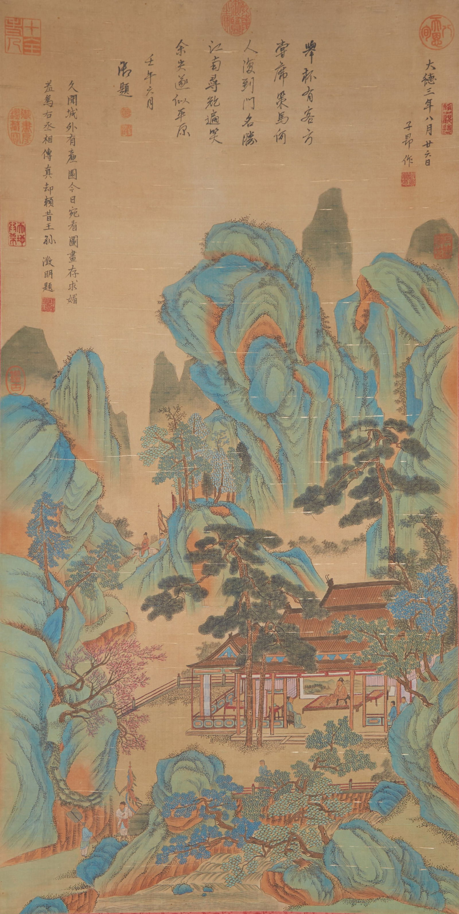 A LANDSCAPE PAINTING ON SILK BY ZHAO MENGFU.趙孟頫: Landscape Painting on Silk by Zhao Mengfu.趙孟頫