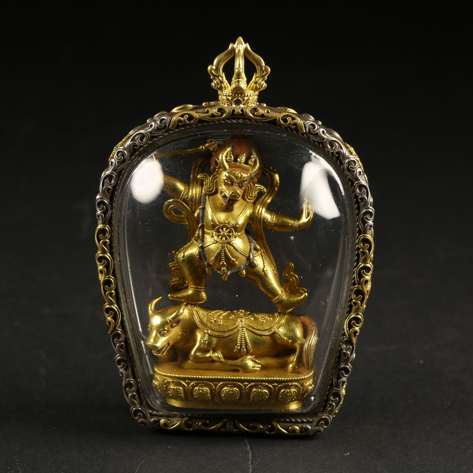 A GILT-BRONZE PORTABLE STATUE OF YAMA DHARMAPALA: Gilt-Bronze Portable Statue of Yama Dharmapala