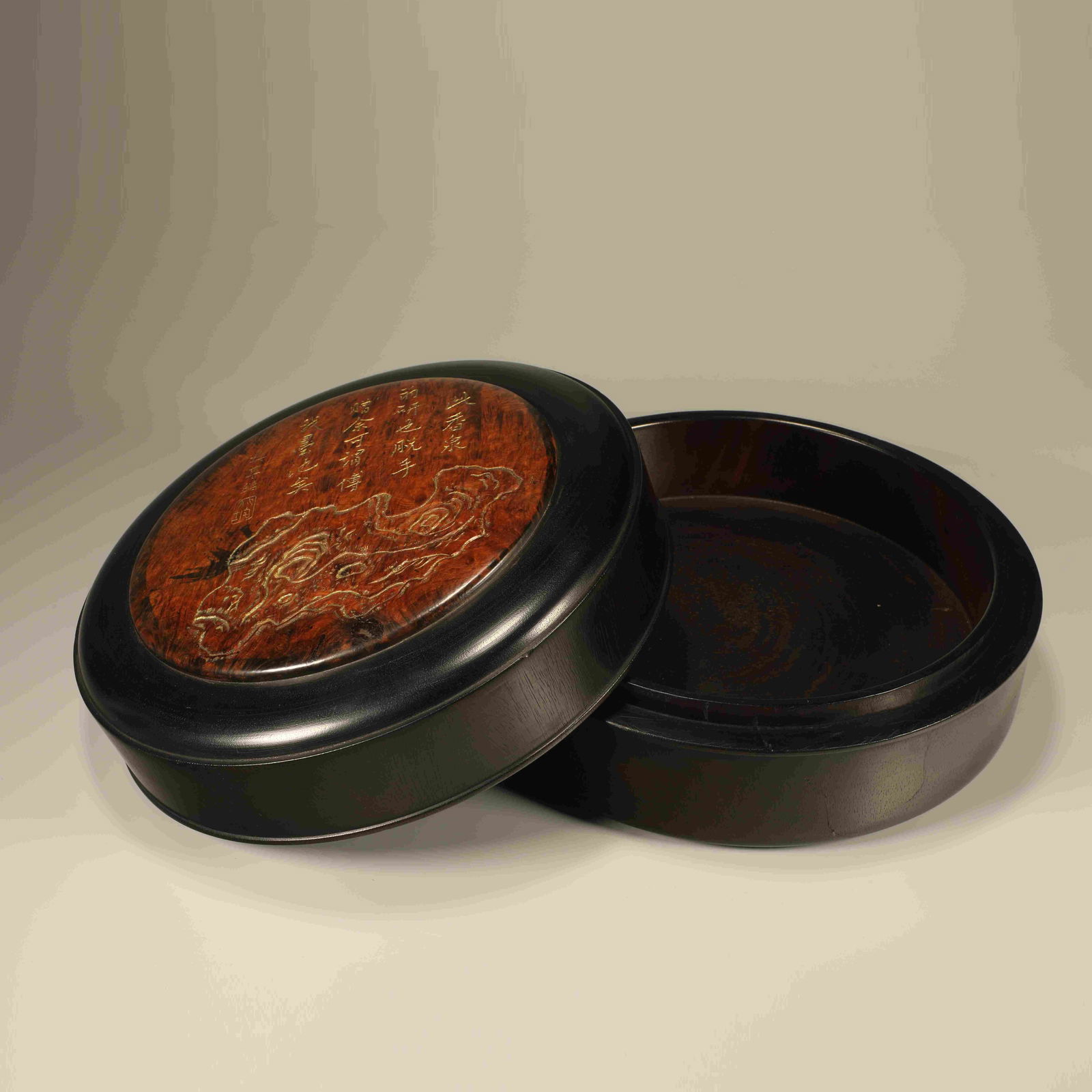A ZITAN INLAID CHERRYWOOD SCHOLAR'S ROCK AND POEM HOLDING BOX (1 of 8)