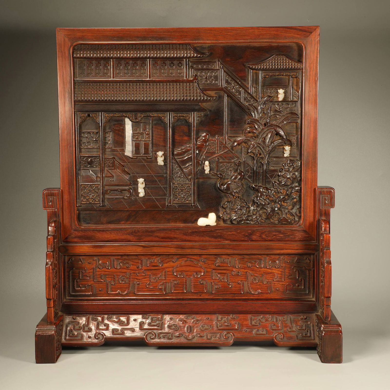 A HUANGHUALI CARVED TABLE SCREEN WITH PAVILION AND FIGURE MOTIF (1 of 8)