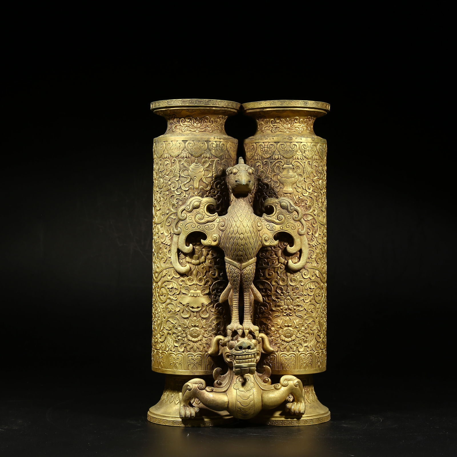 A GILDED BRONZE DOUBLE VASE TITLED HEROIC INDEPENDENCE: Gilded bronze double vase titled Heroic Independence