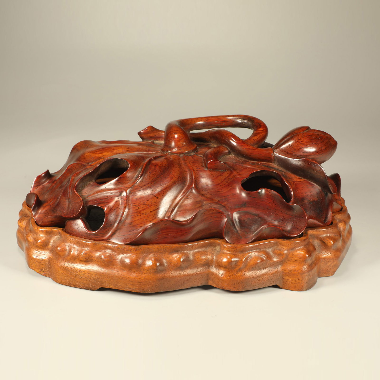 A HUANGHUALI CARVED LOTUS-FORM INCENSE BURNER: Huanghuali Carved Lotus-Form Incense Burner