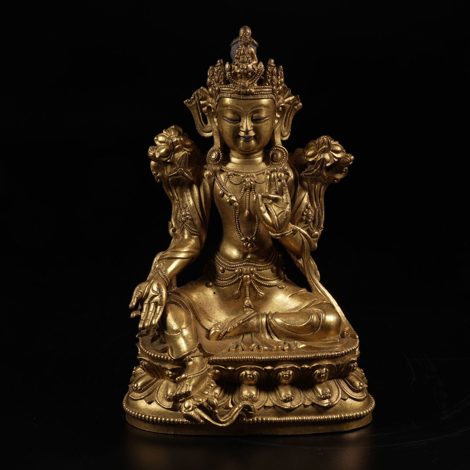 A GILT-BRONZE GREEN TARA STATUE: Gilt-Bronze Green Tara Statue