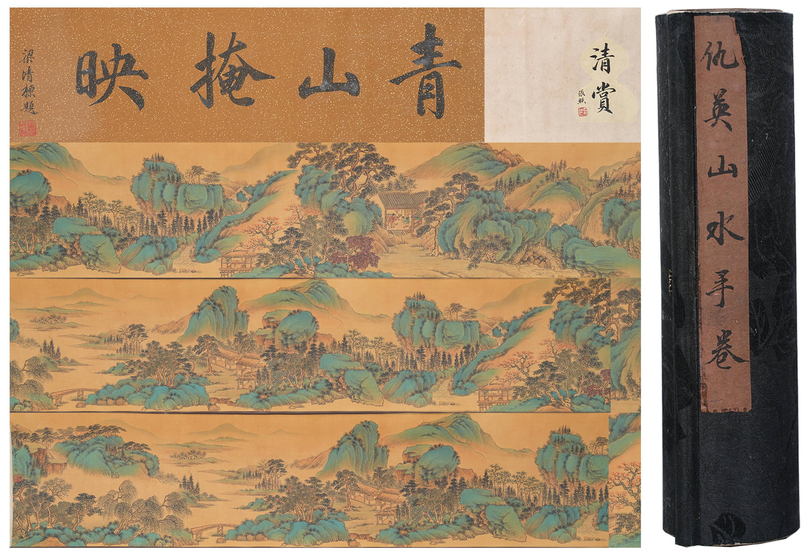 A LANDSCAPE PAINTING HANDSCROLL ON SILK BY QIU YING.仇英: Landscape Painting Handscroll on Silk by Qiu Ying.仇英