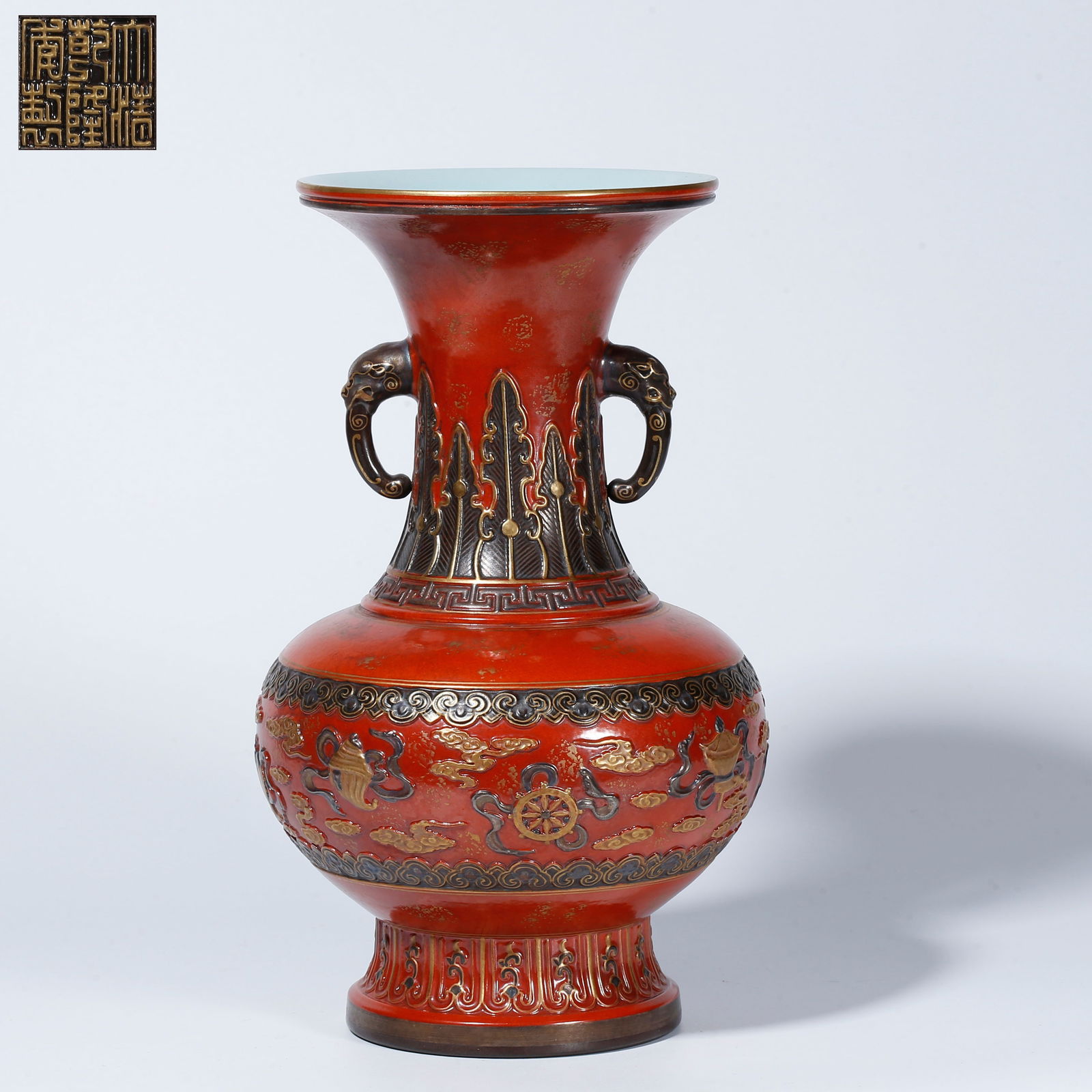 A BRONZE GLAZE DOUBLE-EARED VASE (1 of 10)