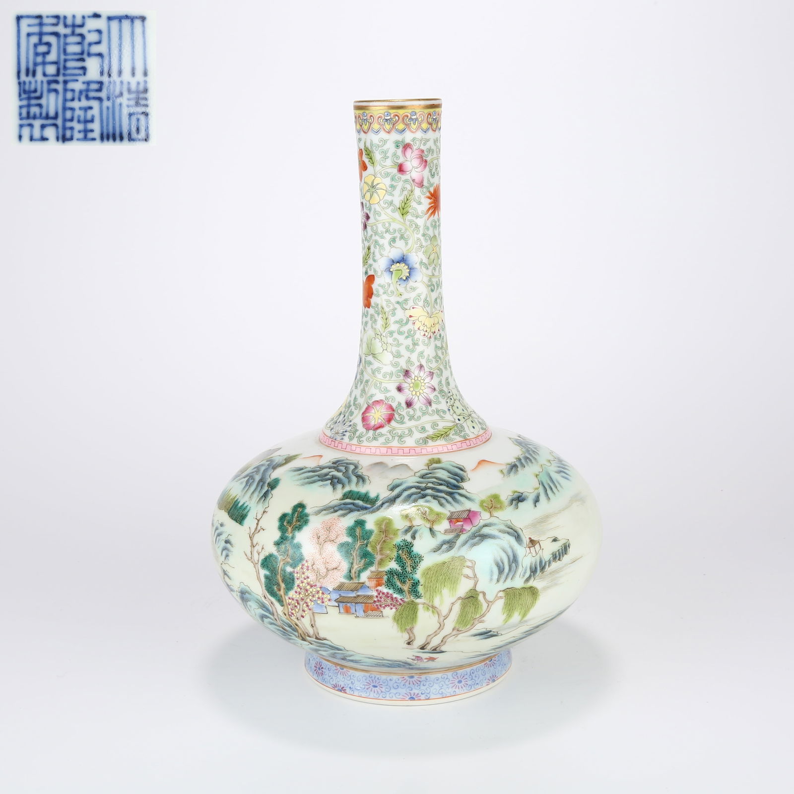 A FAMILLE ROSE LONG-NECK VASE WITH LANDSCAPE DESIGN (1 of 10)