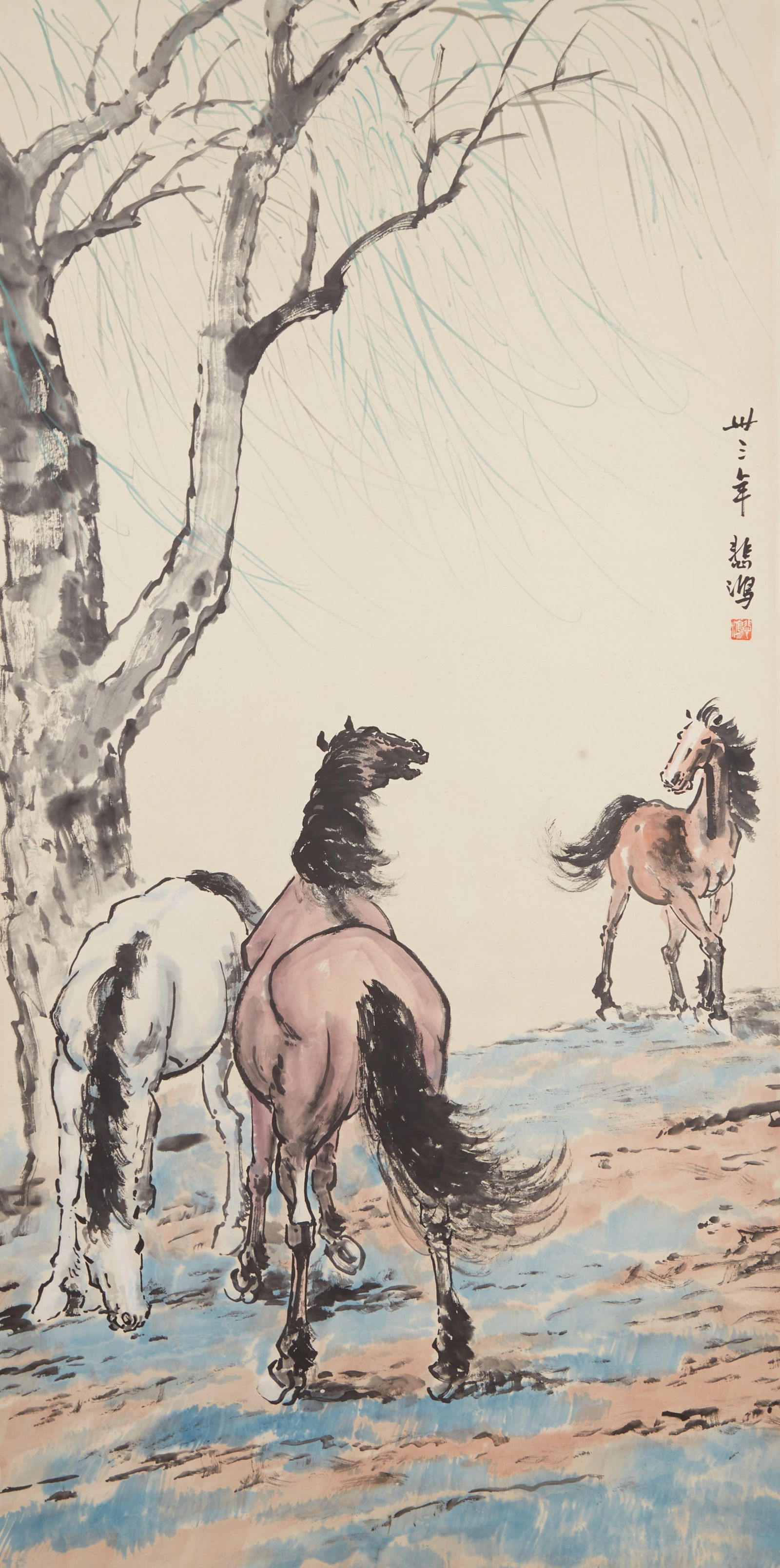 A FINE HORSE PAINTING ON PAPER BY XU BEIHONG.徐悲鴻: Fine Horse Painting on Paper by Xu Beihong.徐悲鴻