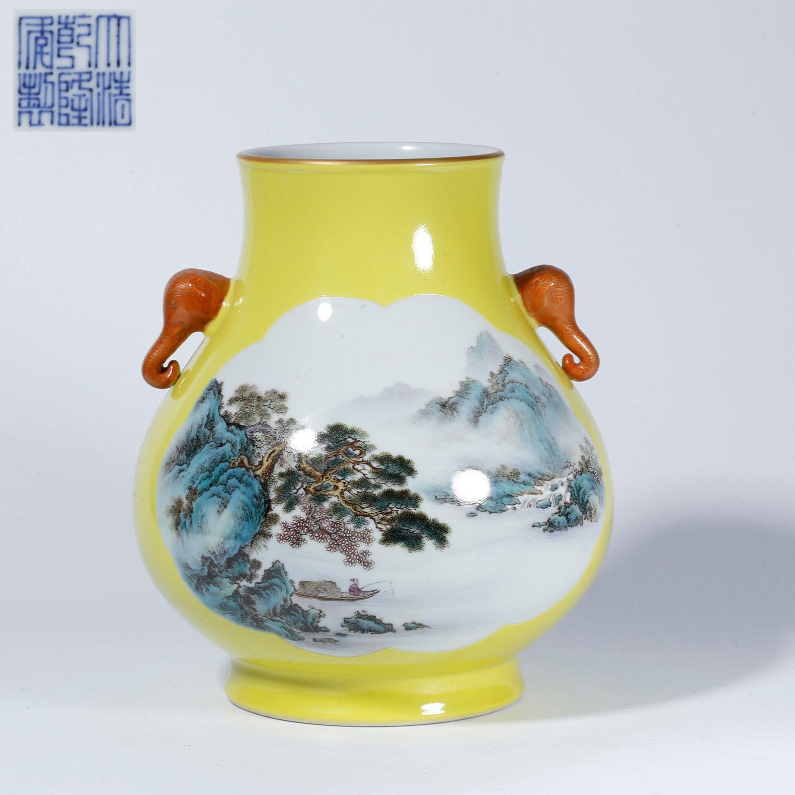 A YELLOW GLAZE DOUBLE-EARED VASE WITH RESERVED LANDSCAPE DESIGN (1 of 12)