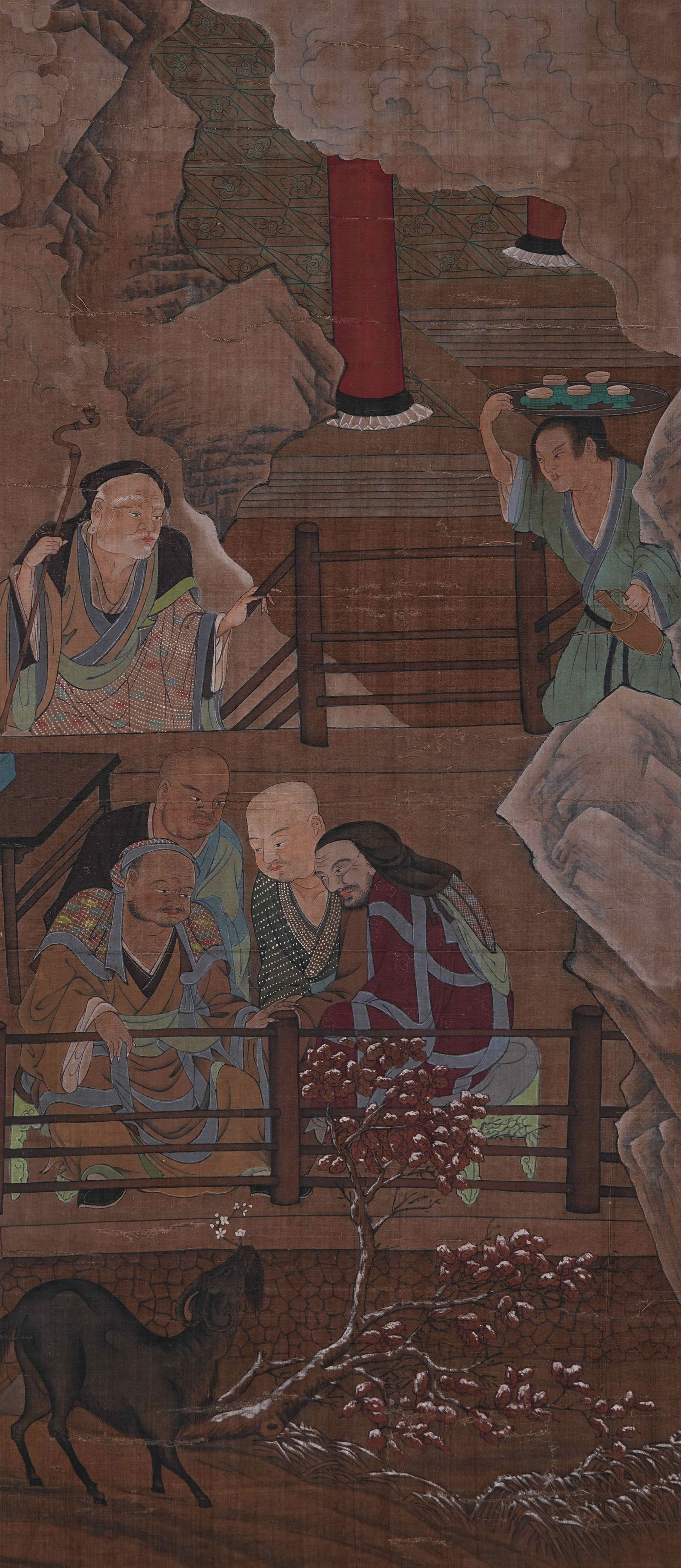 A FIGURE AND NARRATIVE PAINTING ON SILK BY ANONYMOUS.: Figure and Narrative Painting on Silk by Anonymous.