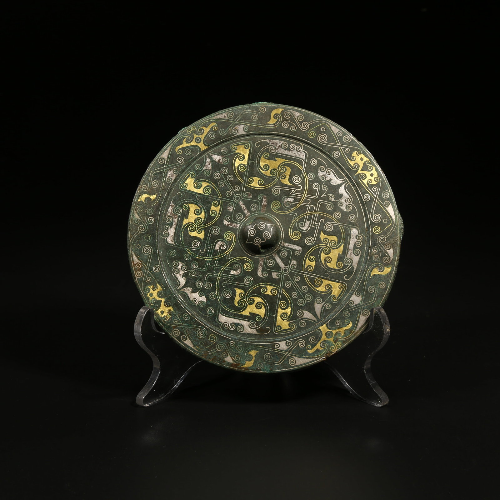 A GILT AND SILVER INLAID BRONZE MIRROR (1 of 6)