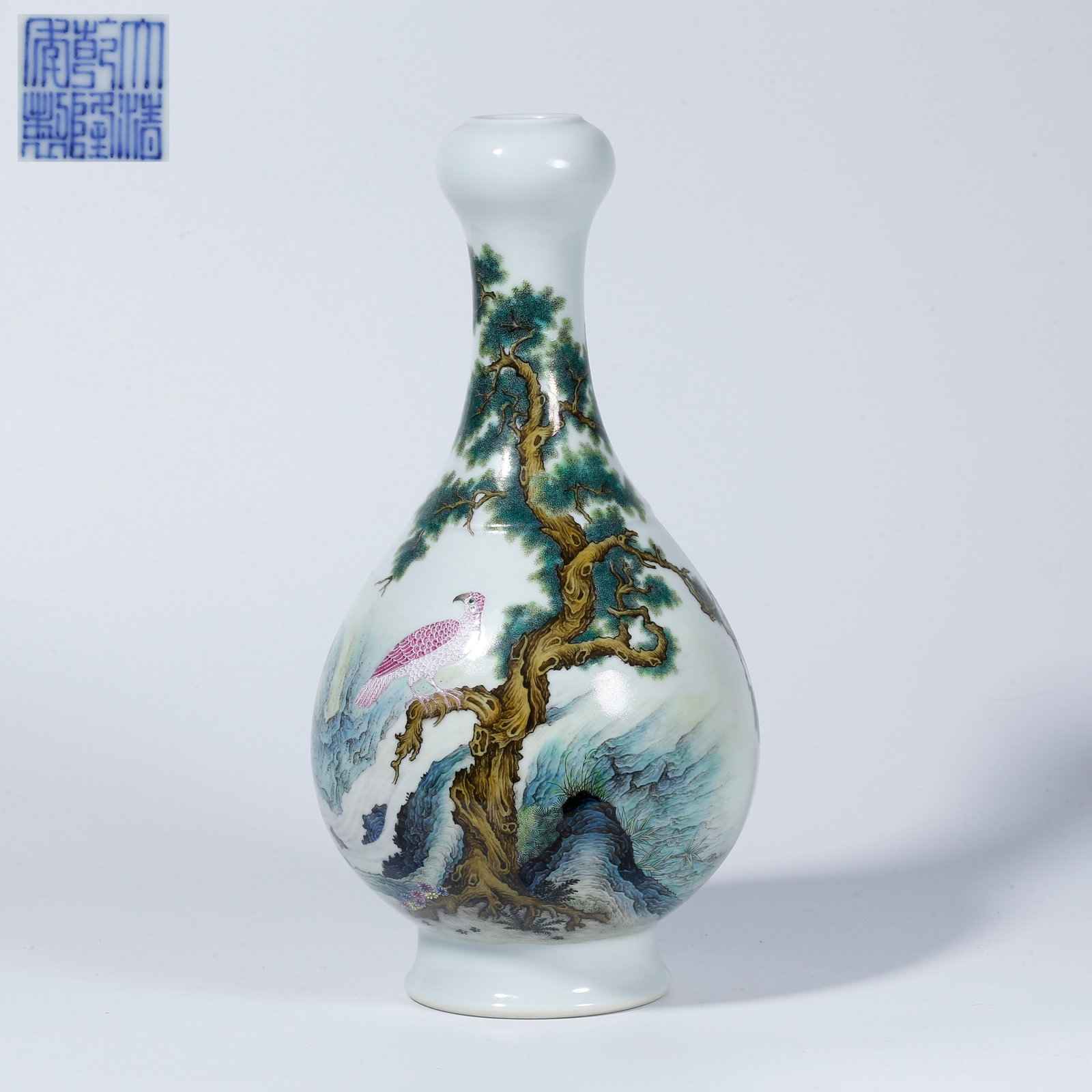 A FAMILLE ROSE GARLIC-HEAD VASE WITH FLOWER AND BIRD DESIGN (1 of 9)