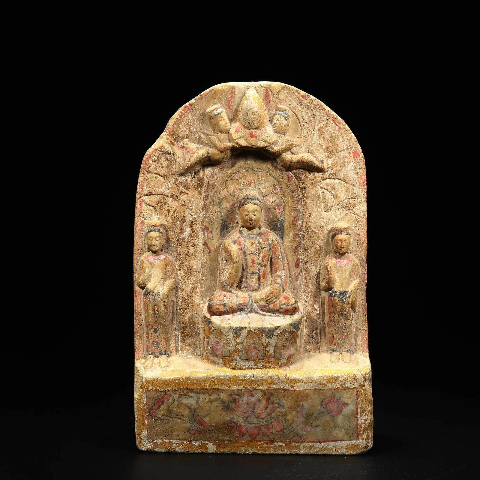 A PAINTED STONE STATUE OF ONE BUDDHA AND TWO BODHISATTVAS (1 of 8)
