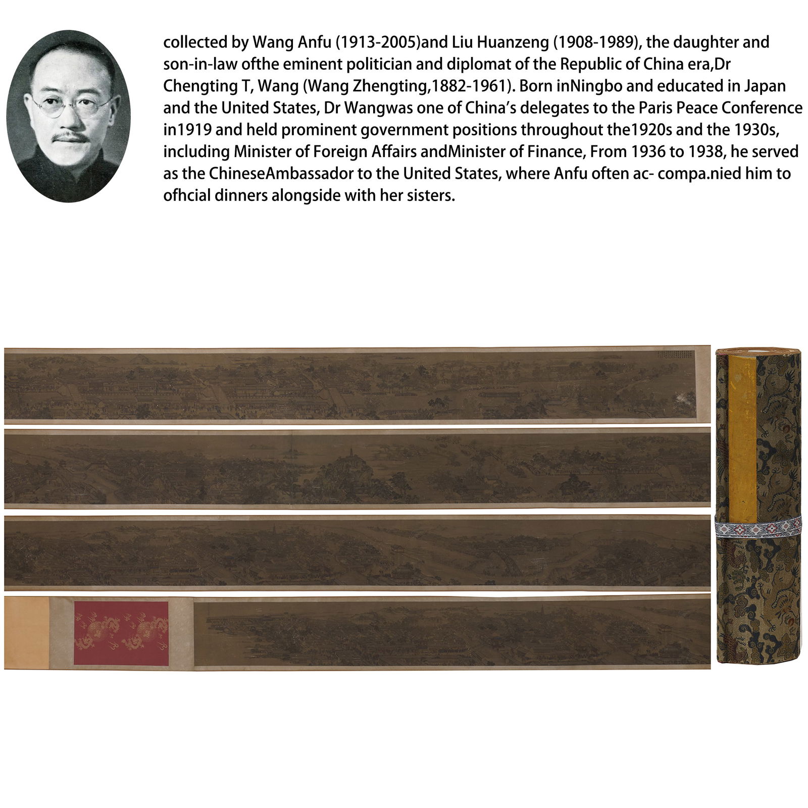 A "ALONG THE RIVER DURING THE QINGMING FESTIVAL" PAINTING HANDSCROLL ON SILK BY YU MINZHONG.於: "Along the River During the Qingming Festival" Painting Handscroll on Silk by Yu Minzhong.於敏中 PROVENANCE:From the family of Wang Anfu (1913–2005) and her husband, Liu Huanzeng (