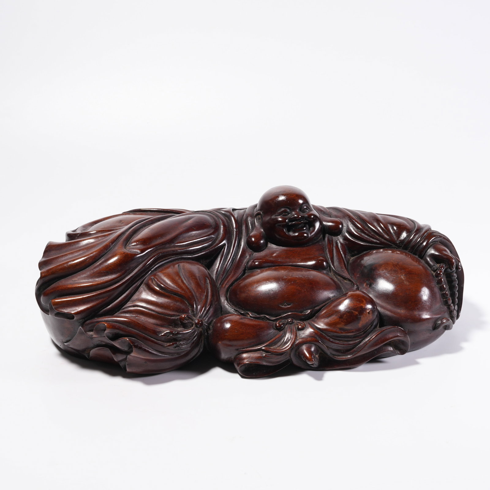 A ZITAN (RED SANDALWOOD) CARVING OF MAITREYA BUDDHA STATUE: Zitan (Red Sandalwood) Carving of Maitreya Buddha Statue