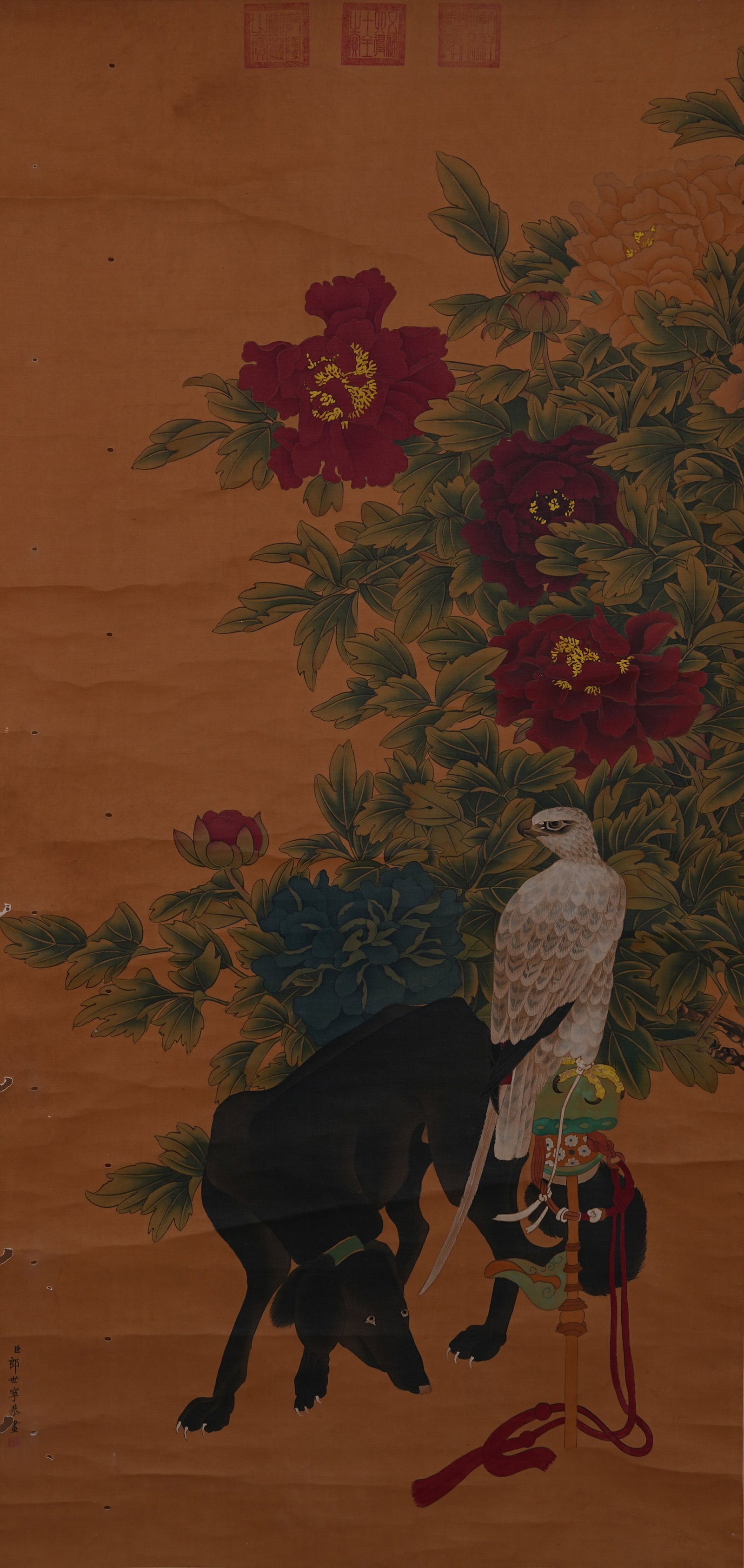 A FLOWER AND BIRD PAINTING ON SILK BY GIUSEPPE CASTIGLIONE (LANG SHINING).郎世寧: Flower and Bird Painting on Silk by Giuseppe Castiglione (Lang Shining).郎世寧