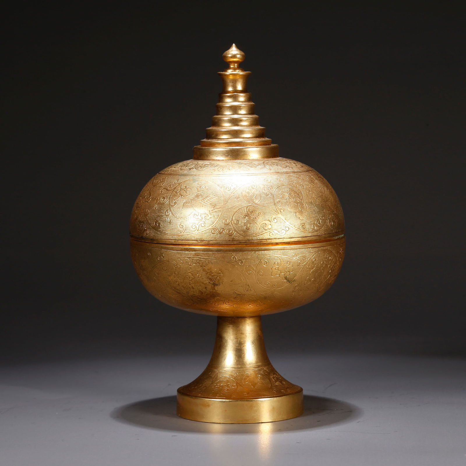 A GILT BRONZE INCENSE BURNER WITH FLORAL DESIGN (1 of 9)