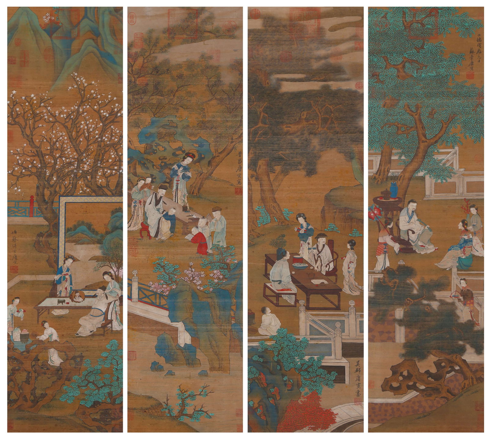 A FIGURE AND NARRATIVE FOUR-PANEL SCREEN (SET) ON SILK BY TANG YIN.唐寅: Figure and Narrative Four-Panel Screen (Set) on Silk by Tang Yin.唐寅
