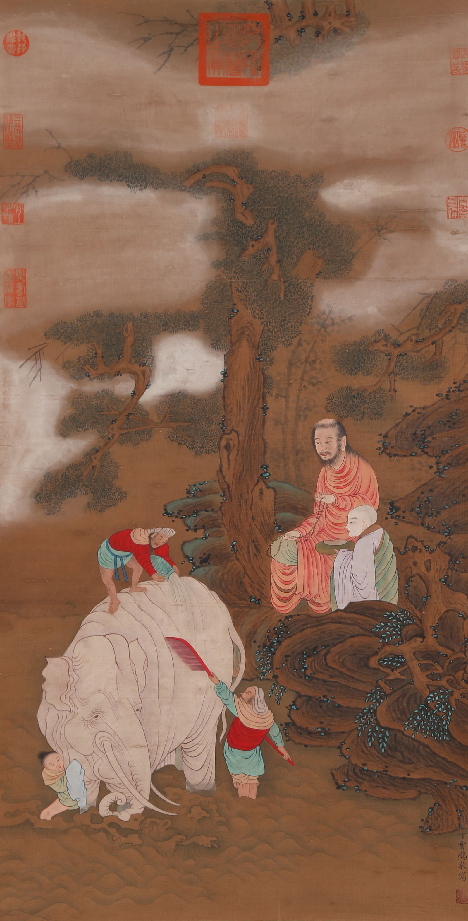 A WASHING THE ELEPHANT PAINTING ON SILK BY DING GUANPENG.丁觀鵬: Washing the Elephant Painting on Silk by Ding Guanpeng.丁觀鵬