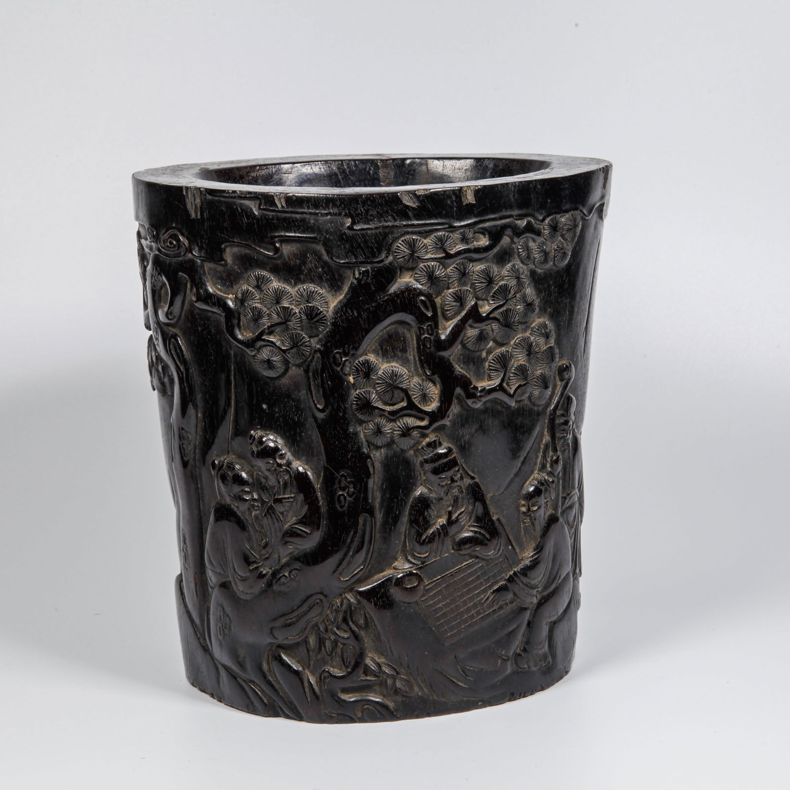 A ZITAN WOOD CARVED FIGURATIVE STORY PATTERN BRUSH HOLDER (1 of 9)