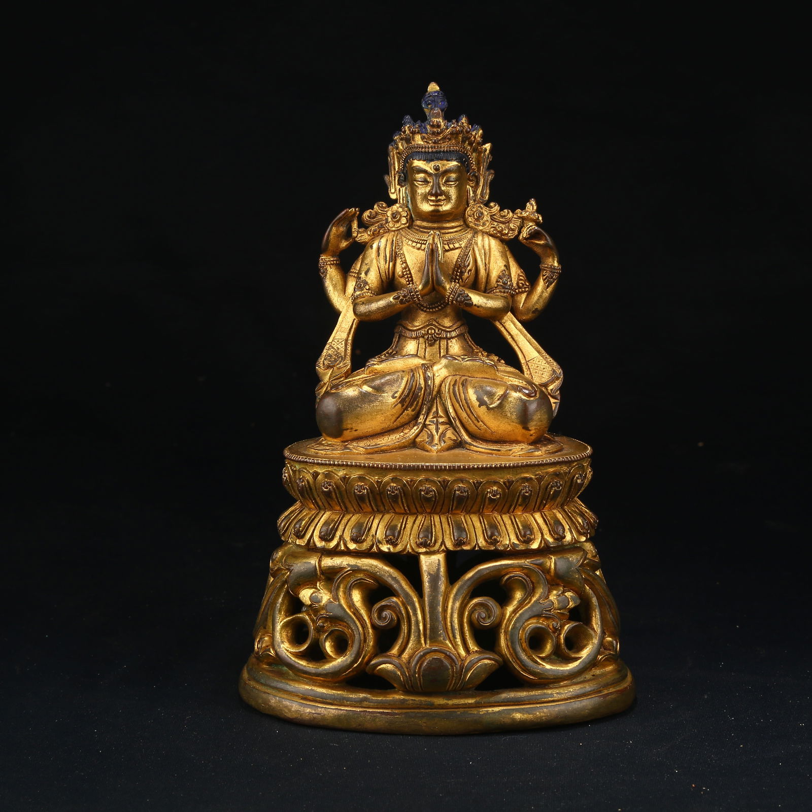 A GILT BRONZE FIGURE OF FOUR-ARMED AVALOKITESHVARA: Gilt Bronze Figure of Four-Armed Avalokiteshvara