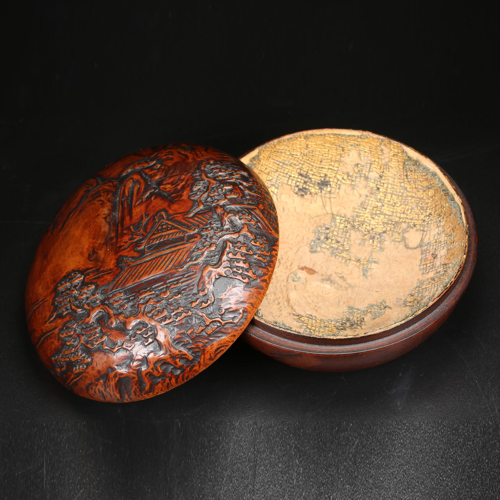 A BURL WOOD COVERED BOWL WITH LANDSCAPE MOTIF: Burl Wood Covered Bowl with Landscape Motif