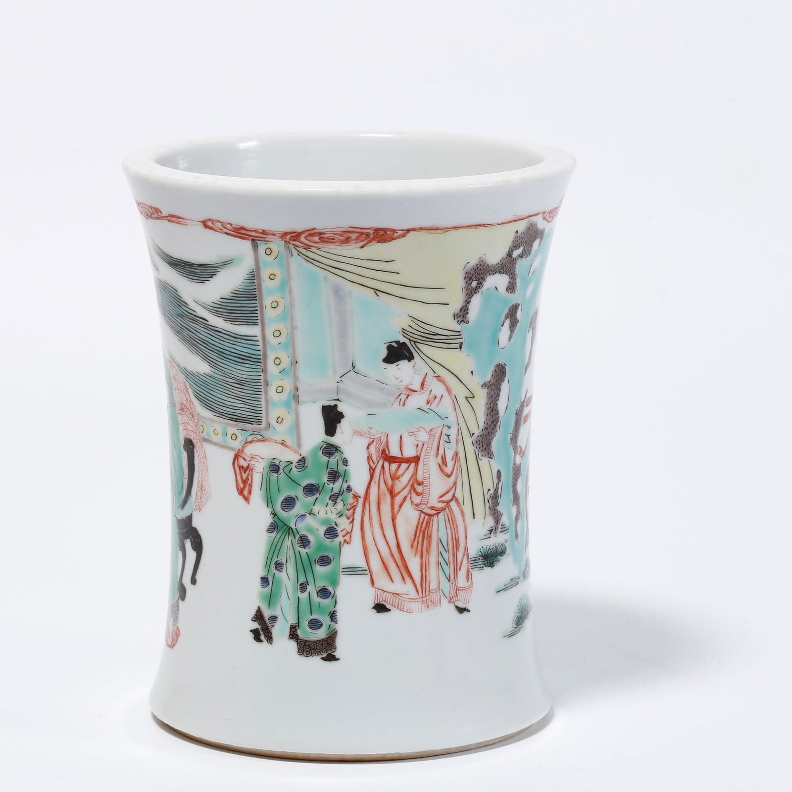 A FAMILLE ROSE BRUSH POT WITH FIGURE STORY DESIGN (1 of 10)
