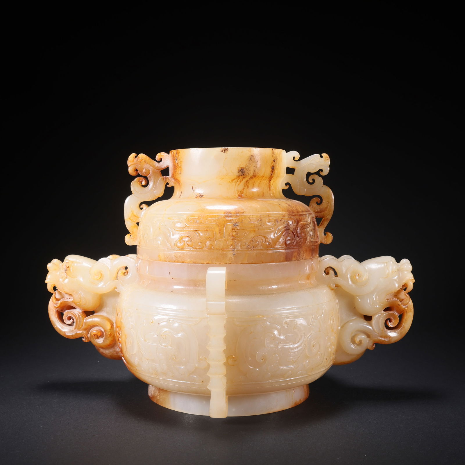 A HETIAN JADE DOUBLE-HANDLED COVERED CENSER WITH DRAGON AND PHOENIX (1 of 9)