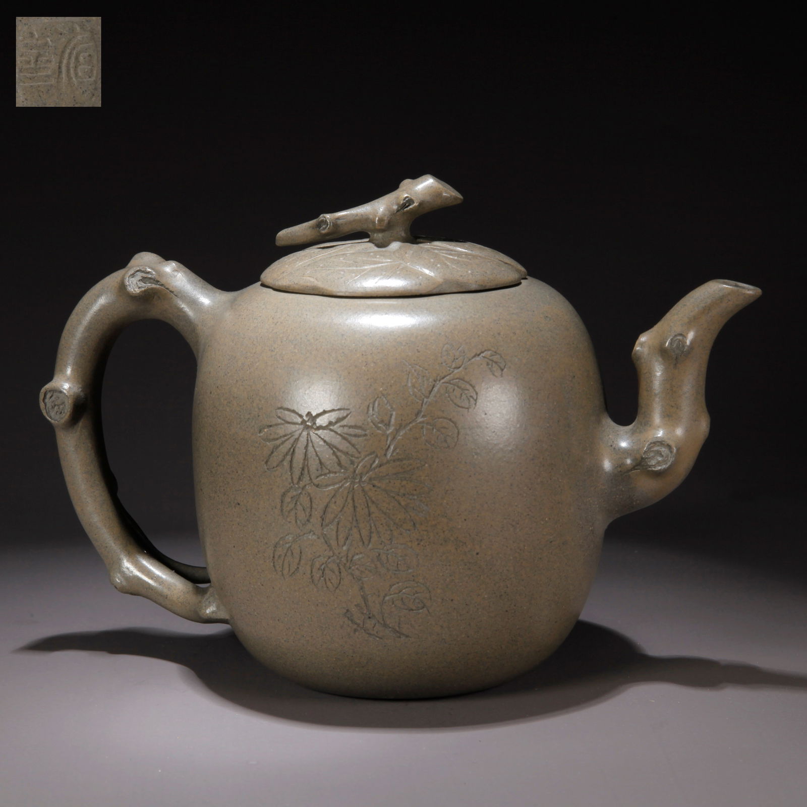 A ZISHA CLAY CARVED POETRY AND CALLIGRAPHY EWER: Zisha Clay Carved Poetry and Calligraphy Ewer