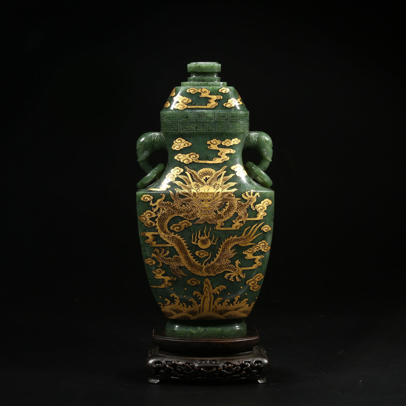 A HETIAN GREEN JADE GILDED VASE WITH SEA WAVE, DRAGON, AND ELEPHANT-EAR HANDLES WITH SWINGING RINGS (1 of 9)