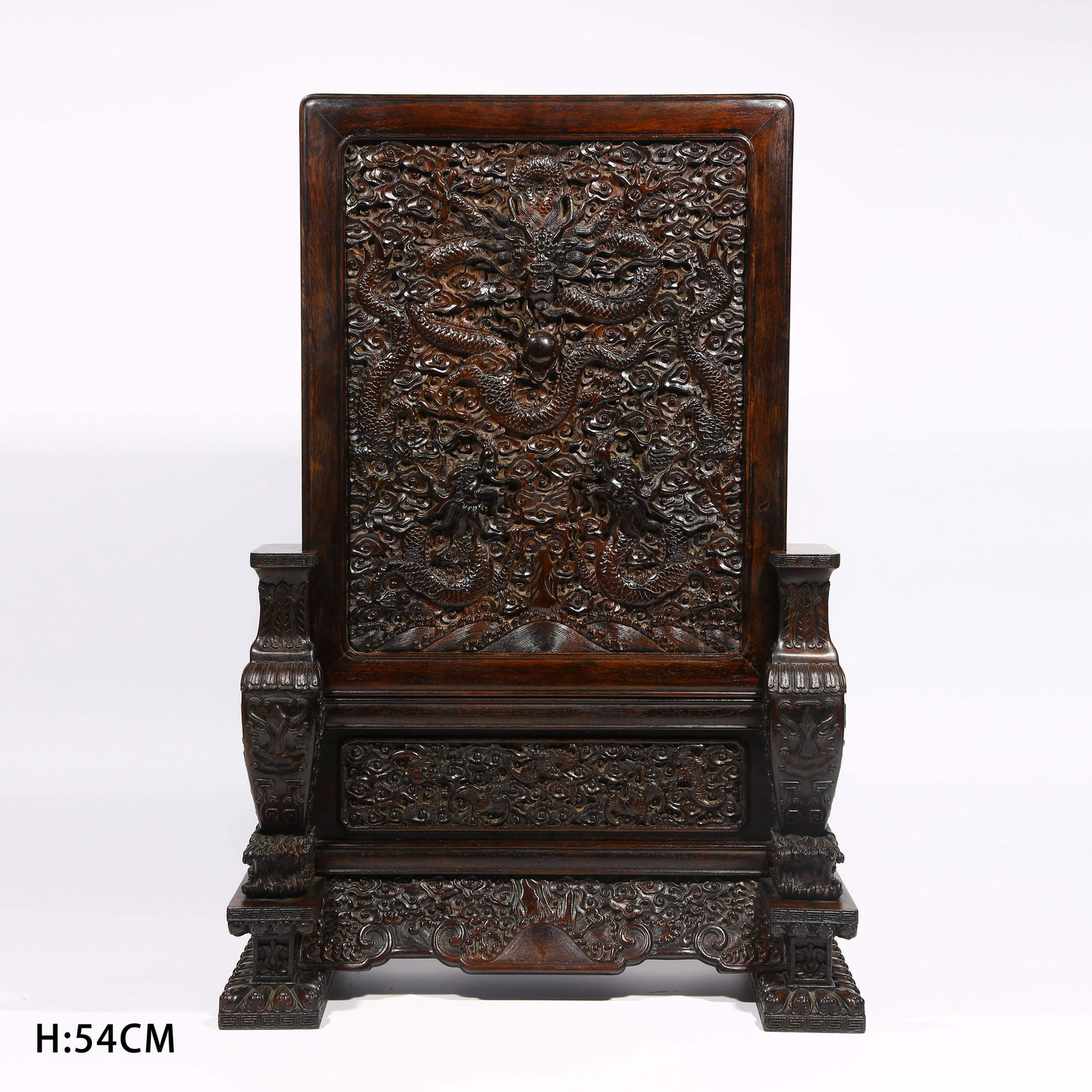 A ZITAN WOOD SCREEN WITH AZURE DRAGON TEACHING HIS SON MOTIF: Zitan Wood Screen with Azure Dragon Teaching His Son Motif