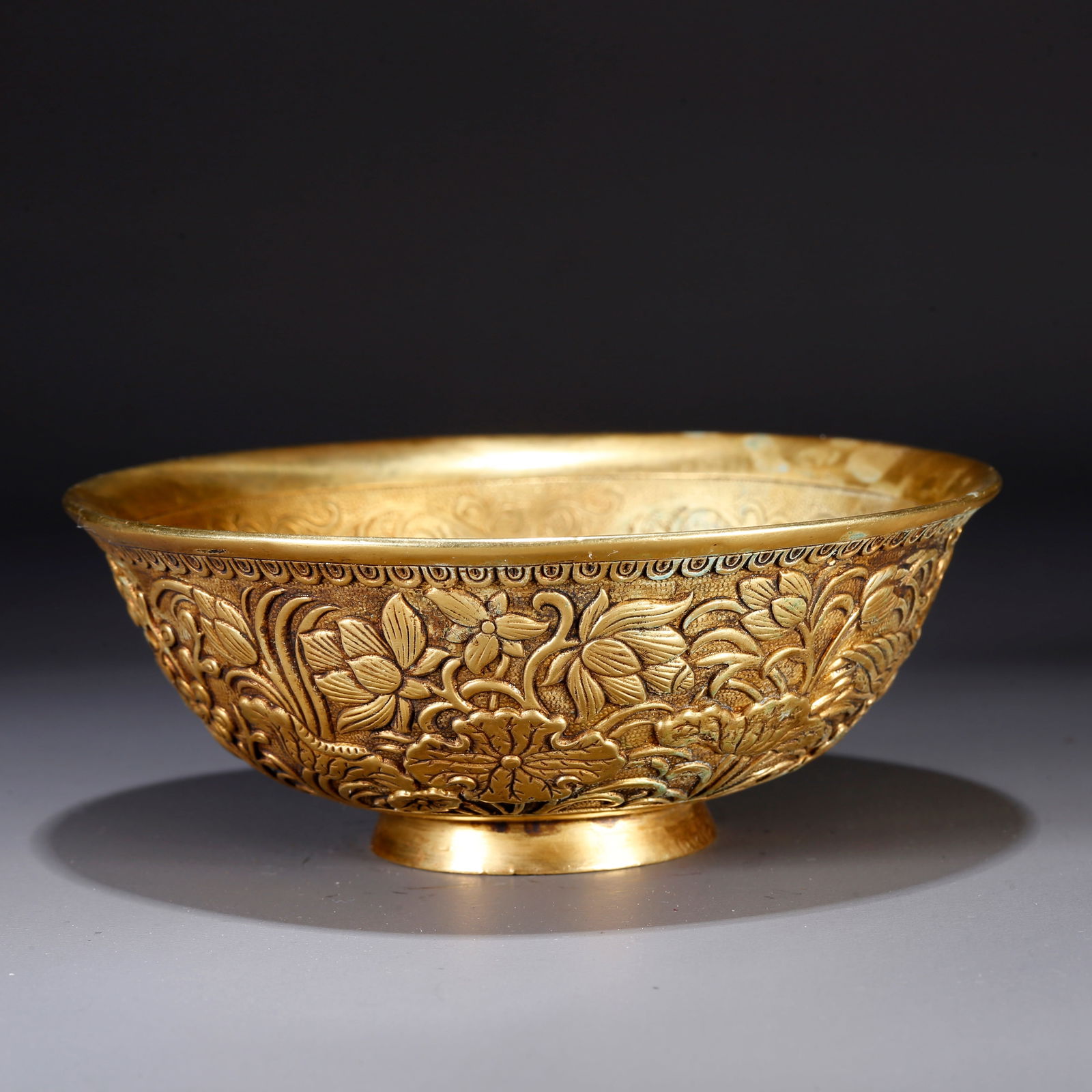 A GILT BRONZE BOWL WITH BIRD-AND-FLOWER DESIGN (1 of 9)