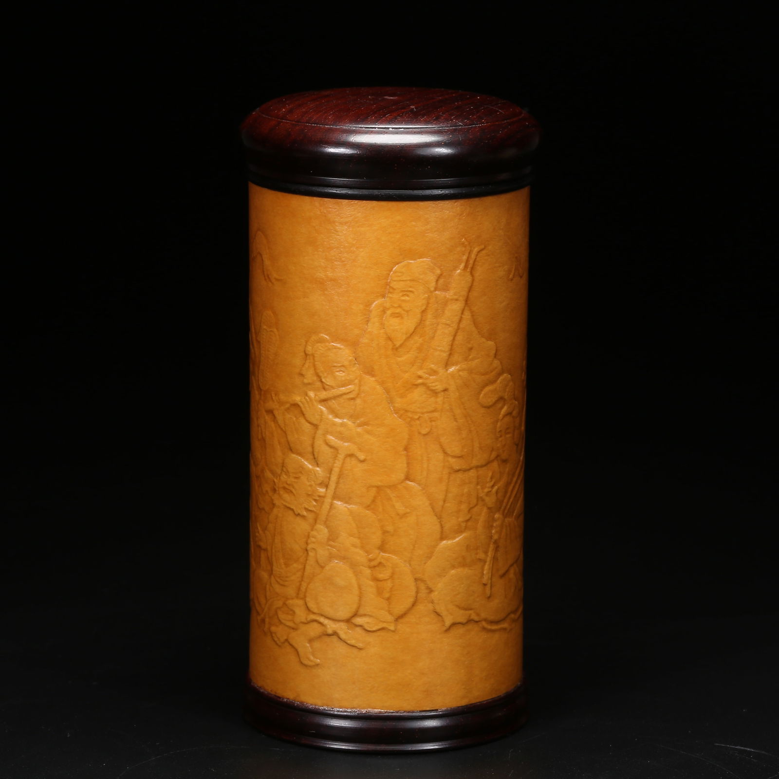 A GOURD-SHAPED TEA CADDY WITH EIGHT IMMORTALS CROSSING THE SEA RELIEF: Gourd-Shaped Tea Caddy with Eight Immortals Crossing the Sea Relief