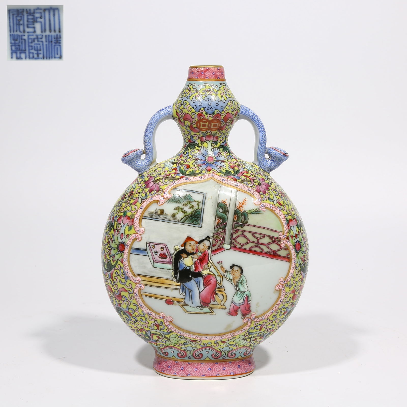 A YELLOW-GROUND FAMILLE ROSE GOURD VASE WITH OPEN PANELS AND EROTIC SCENES (1 of 9)