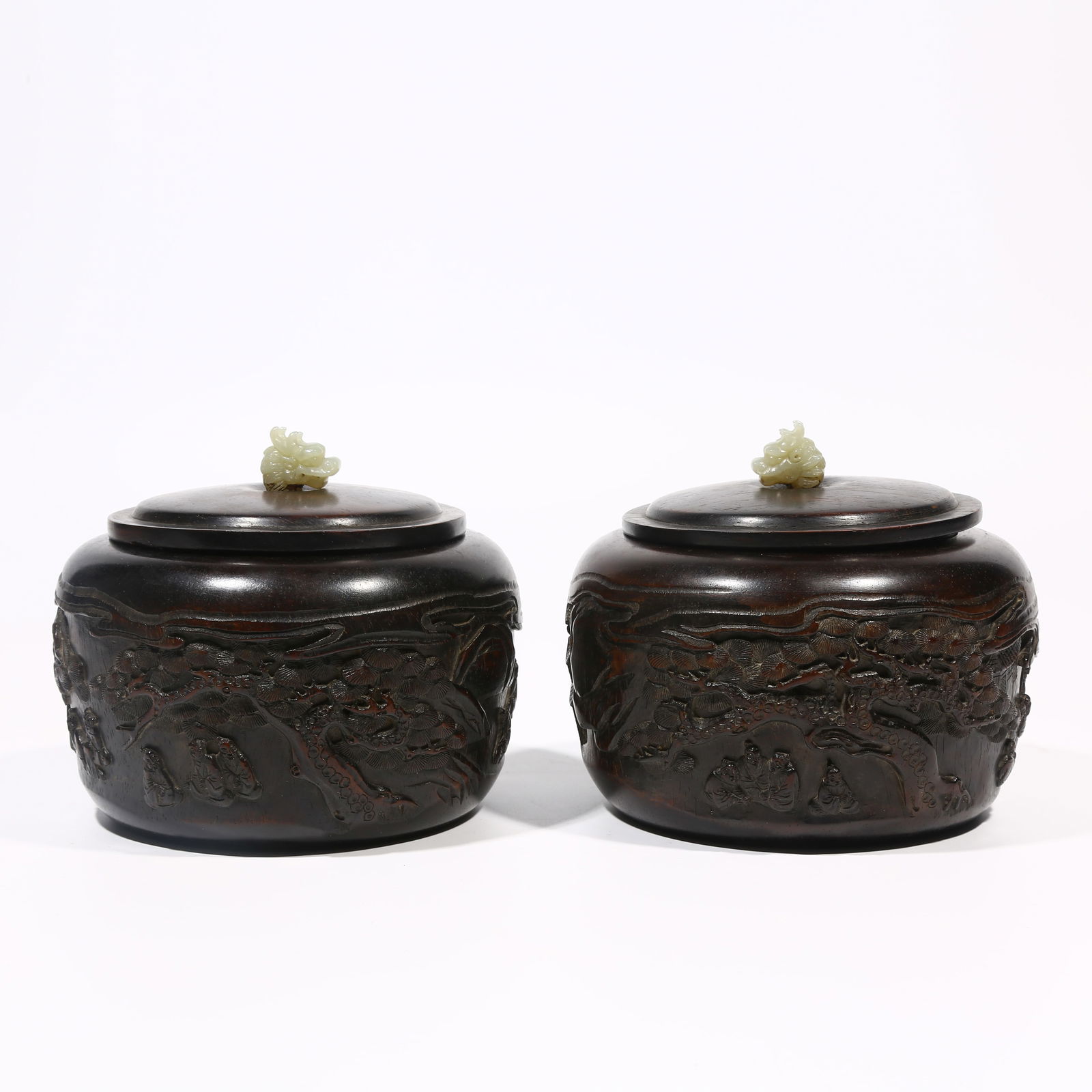 A SET OF ZITAN WOOD GO JARS WITH ELEGANT GATHERING OF SCHOLARS MOTIF: Set of Zitan Wood Go Jars with Elegant Gathering of Scholars Motif