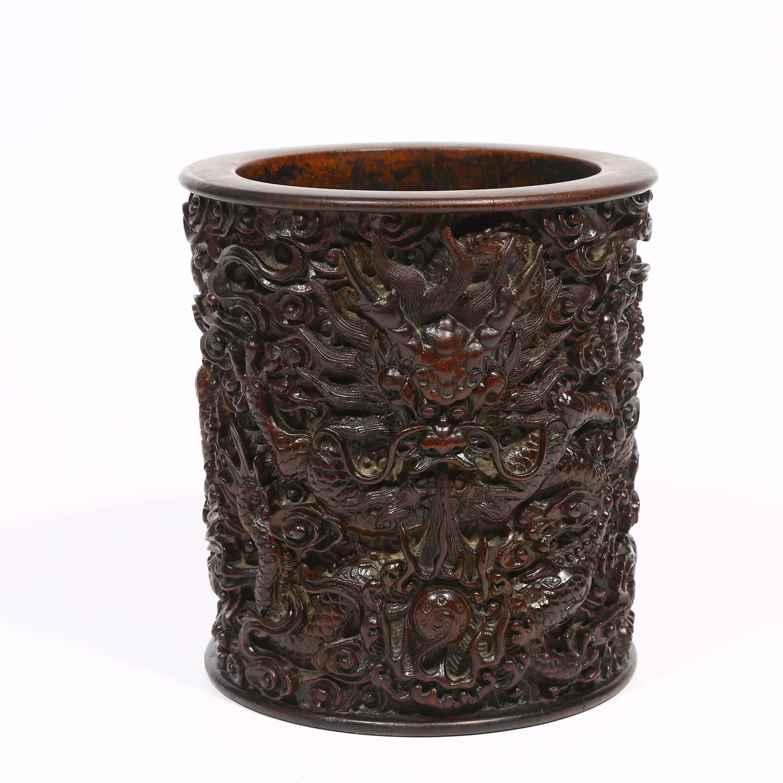 A ZITAN WOOD BRUSH POT WITH DRAGON MOTIF (1 of 9)
