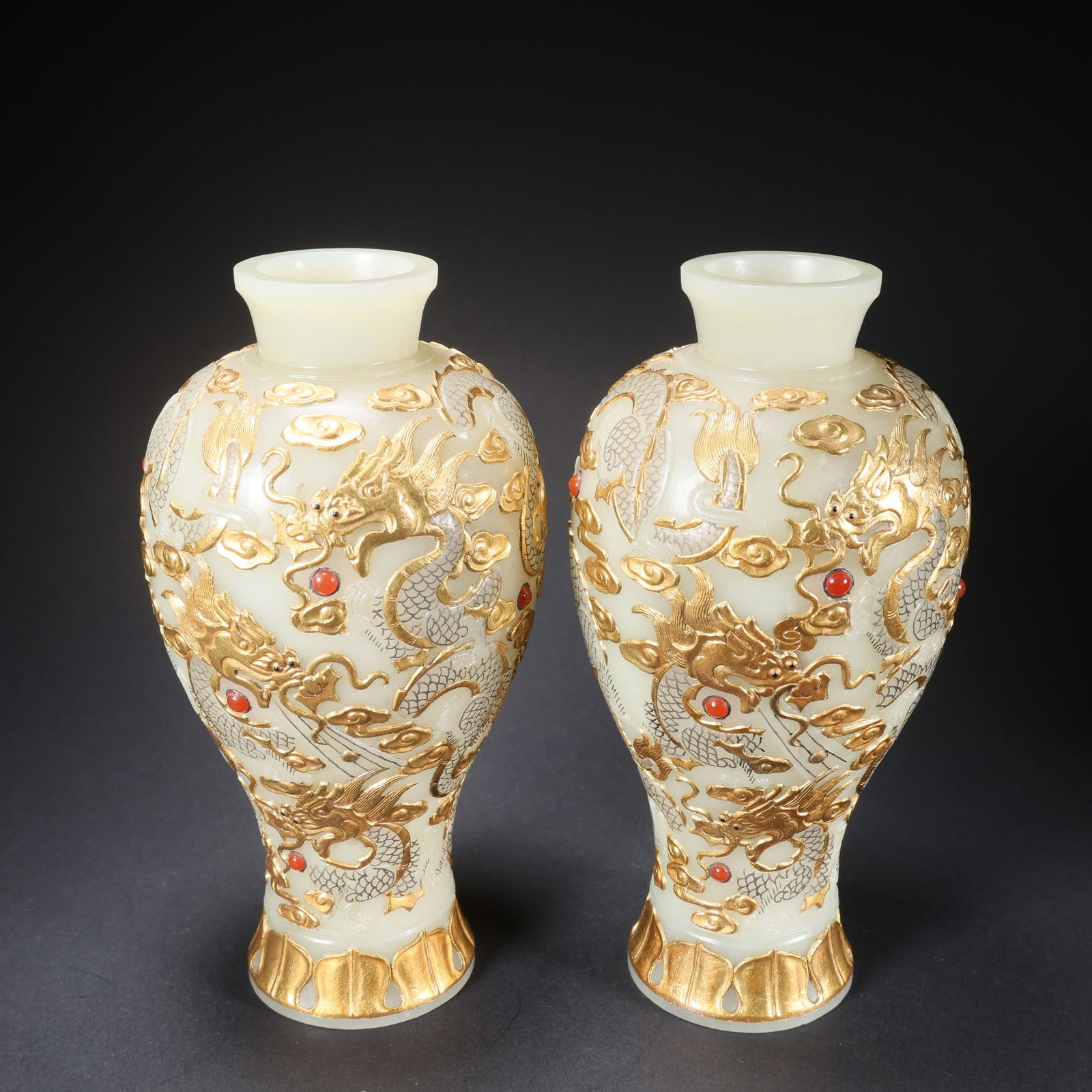 A PAIR OF HETIAN JADE PLUM VASES WITH DRAGON PATTERN INLAID WITH GOLD, GEMSTONES (1 of 9)