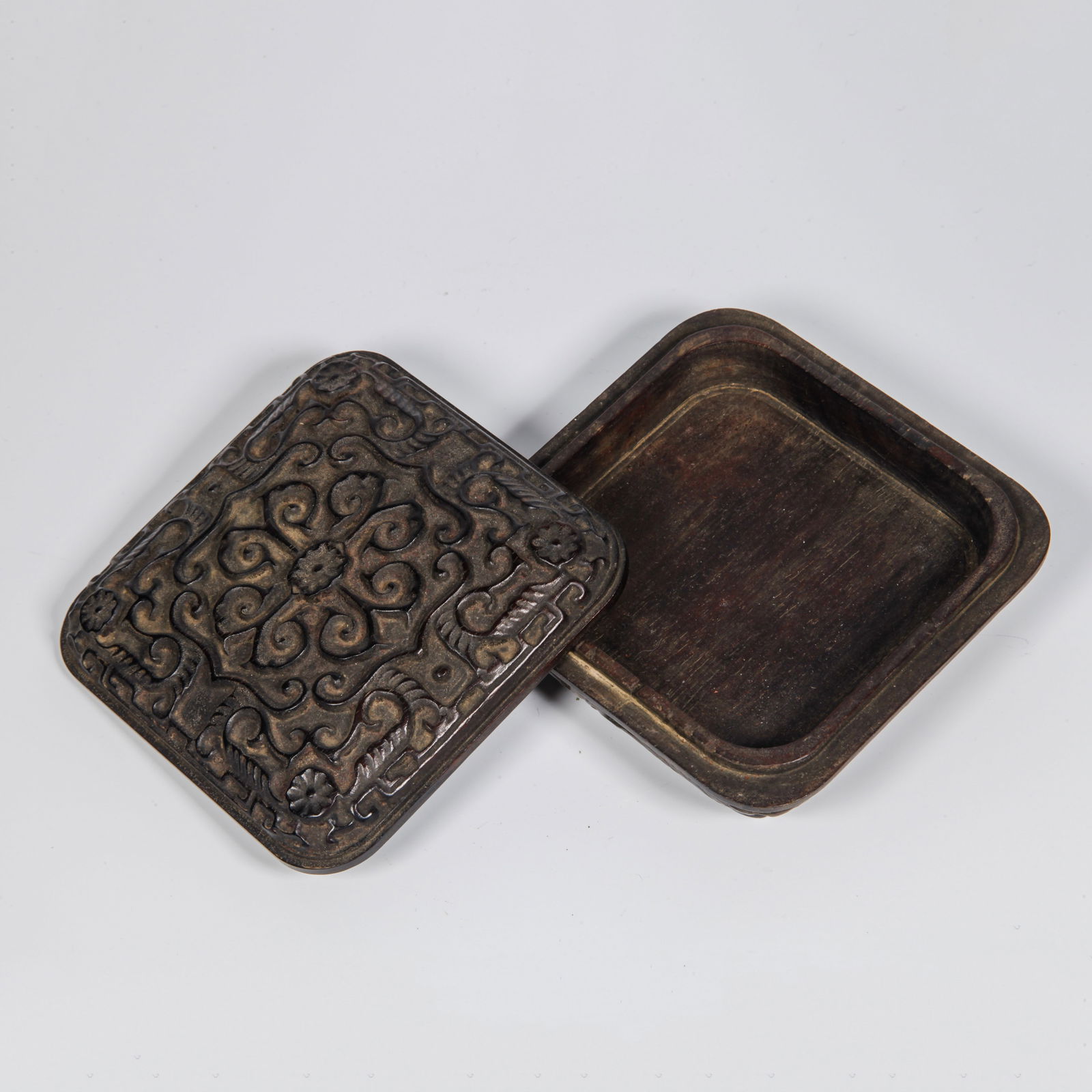 A ZITAN WOOD CARVED INTERTWINED FLOWER PATTERN COVERED BOX: Zitan Wood Carved Intertwined Flower Pattern Covered Box