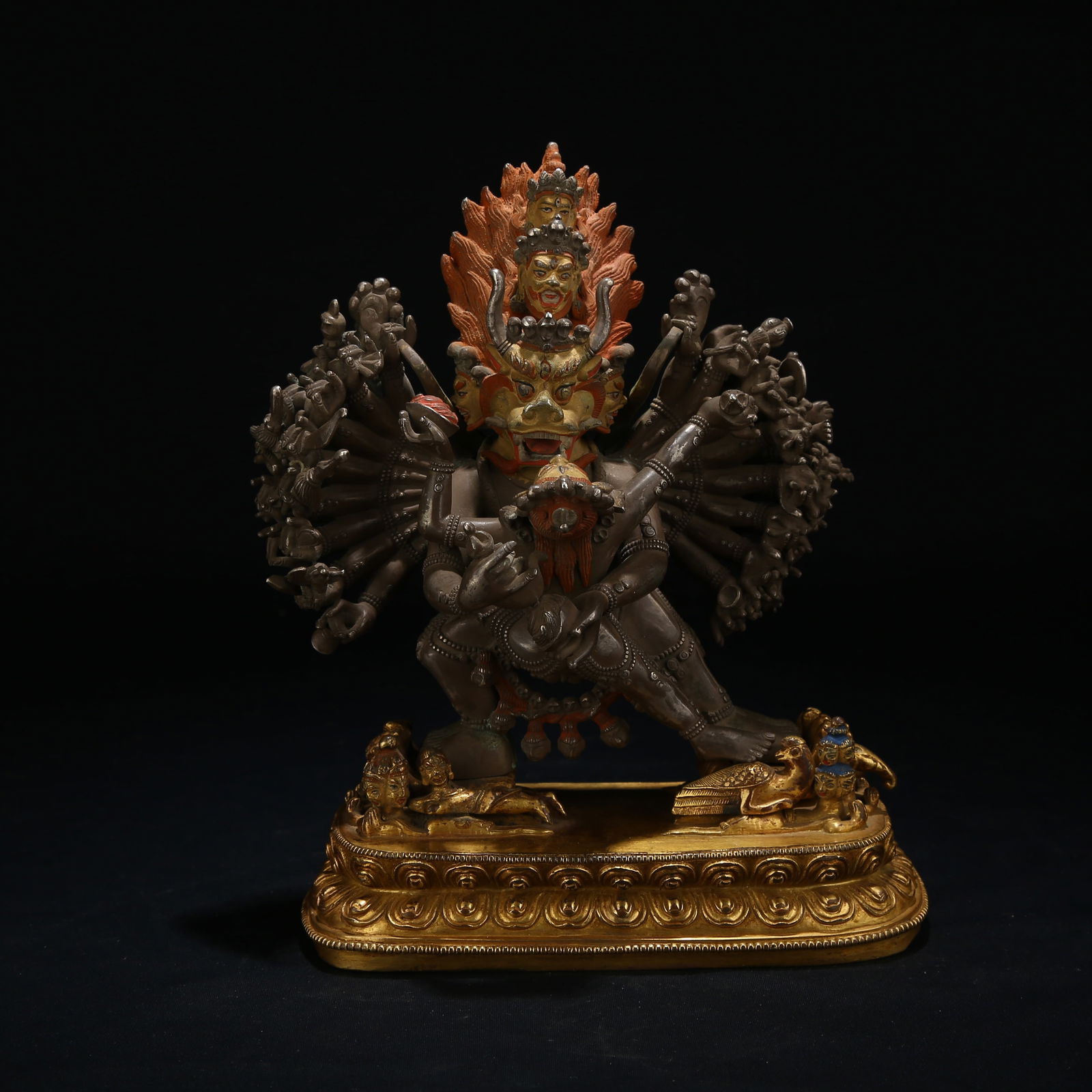 A TIBETAN SILVER STATUE OF VAJRABHAIRAVA: Tibetan silver statue of Vajrabhairava
