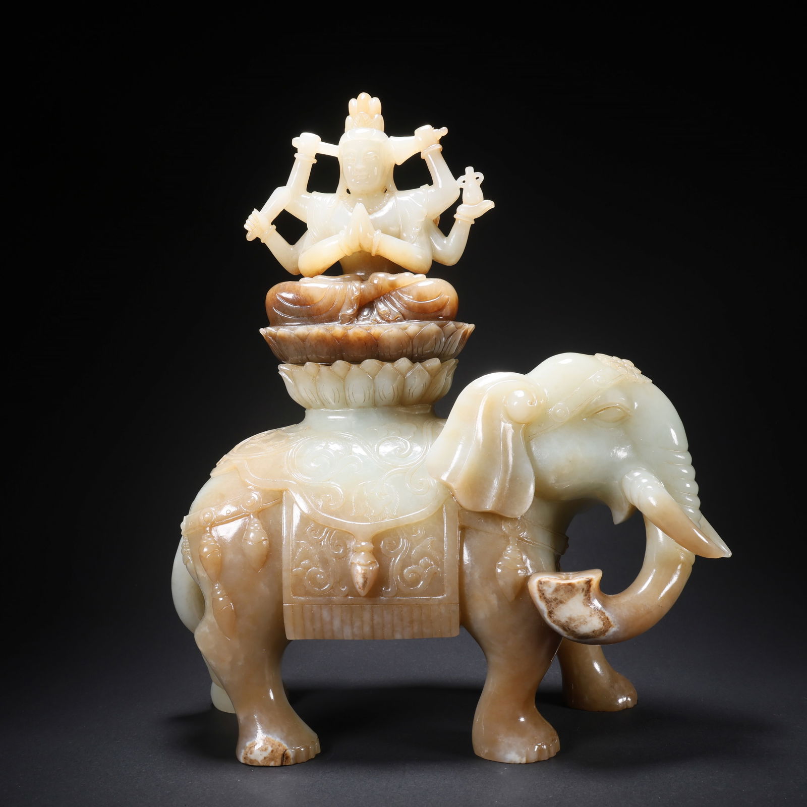 A HETIAN JADE BUDDHA ON ELEPHANT: Hetian Jade Buddha on Elephant