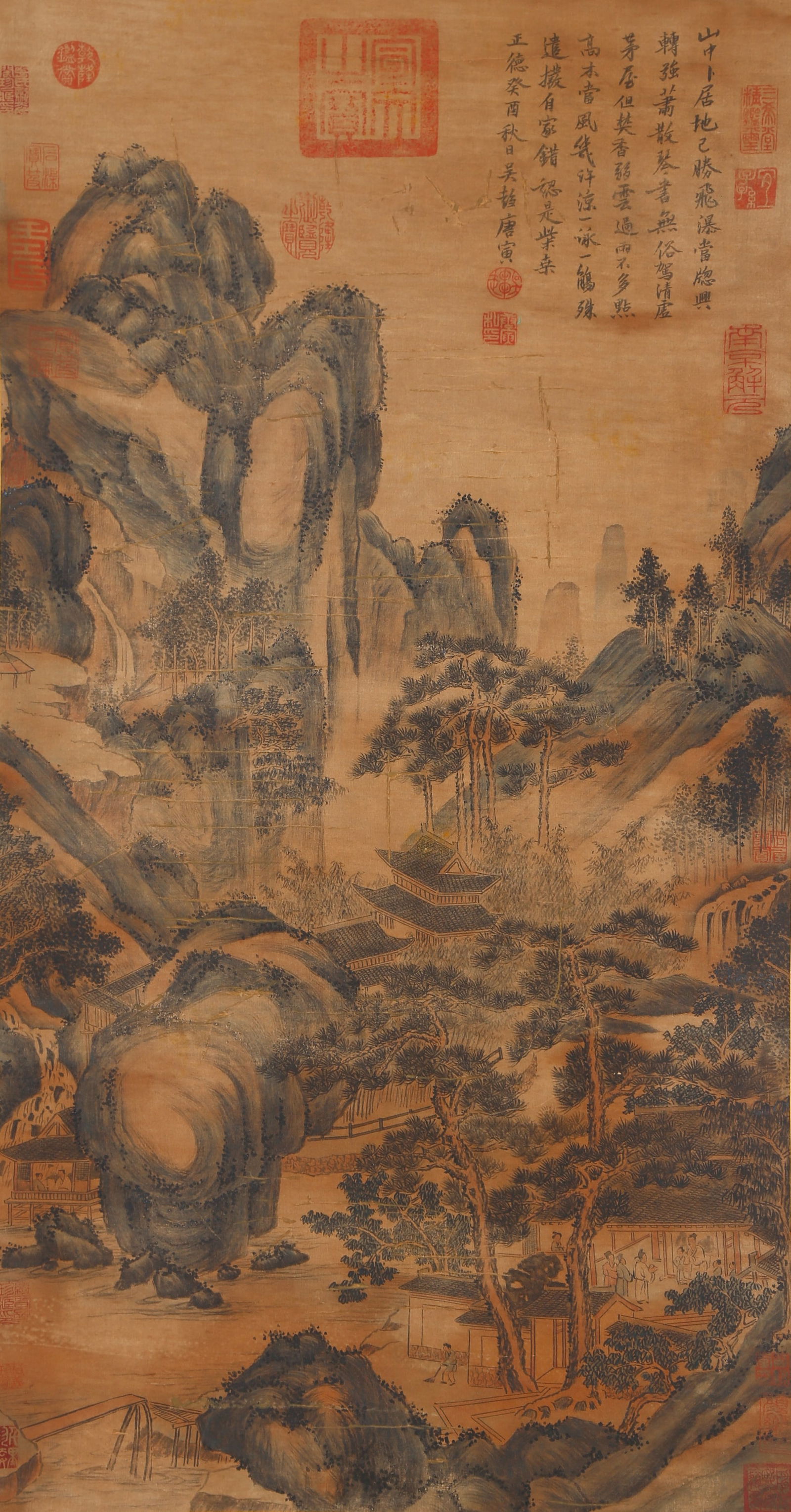A LANDSCAPE WITH PAVILIONS PAINTING ON SILK BY TANG YIN.唐寅 (1 of 13)