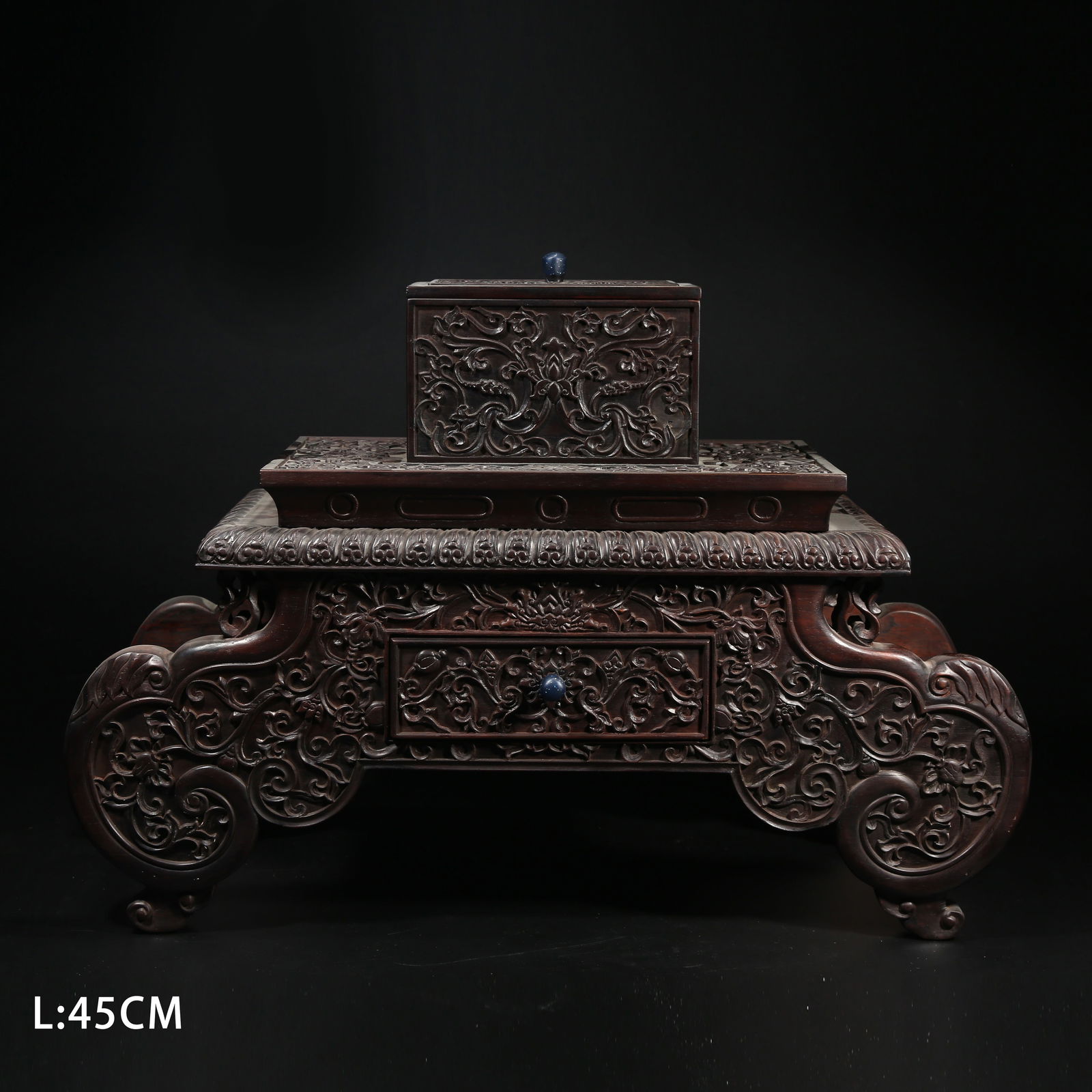 A ZITAN CURIO BOX WITH ENTWINED FLORAL DESIGN: Zitan Curio Box with Entwined Floral Design