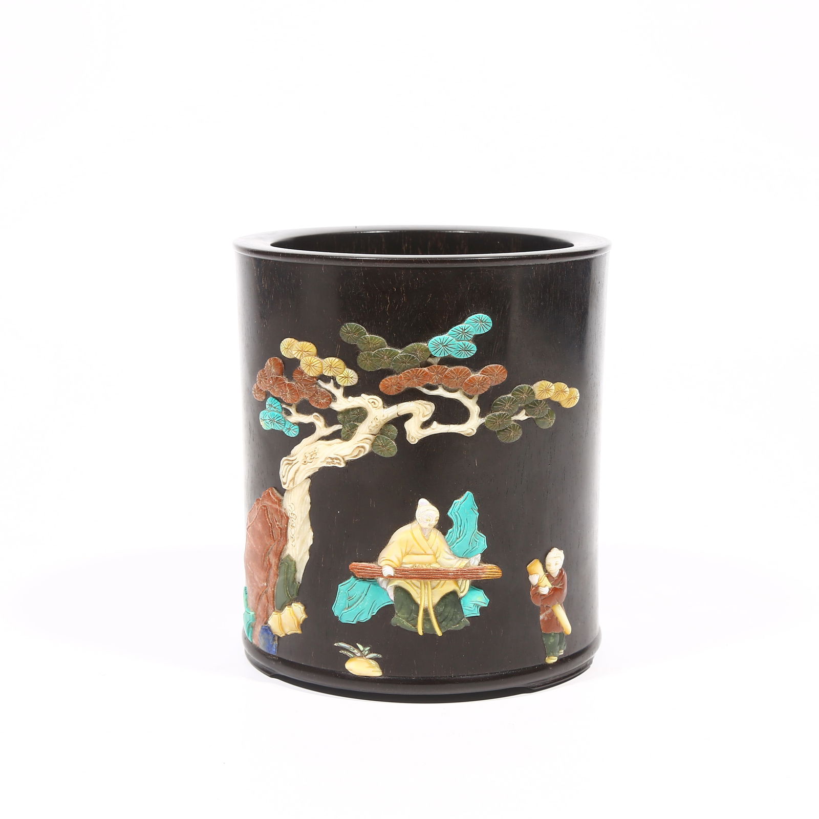 A ZITAN WOOD BRUSH POT INLAID WITH HARDSTONES DEPICTING A QIN-PLAYING SCENE (1 of 8)