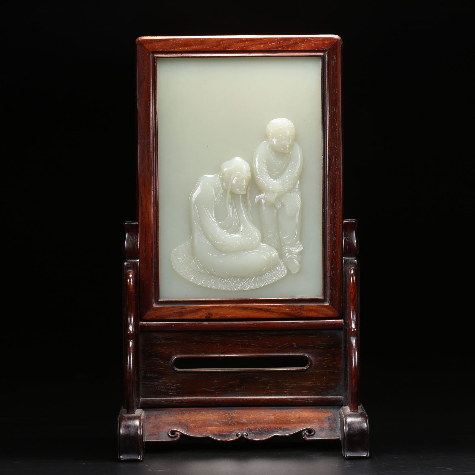 A ROSEWOOD SCREEN INLAID WITH HETIAN JADE ARHAT DESIGN: Rosewood Screen Inlaid with Hetian Jade Arhat Design