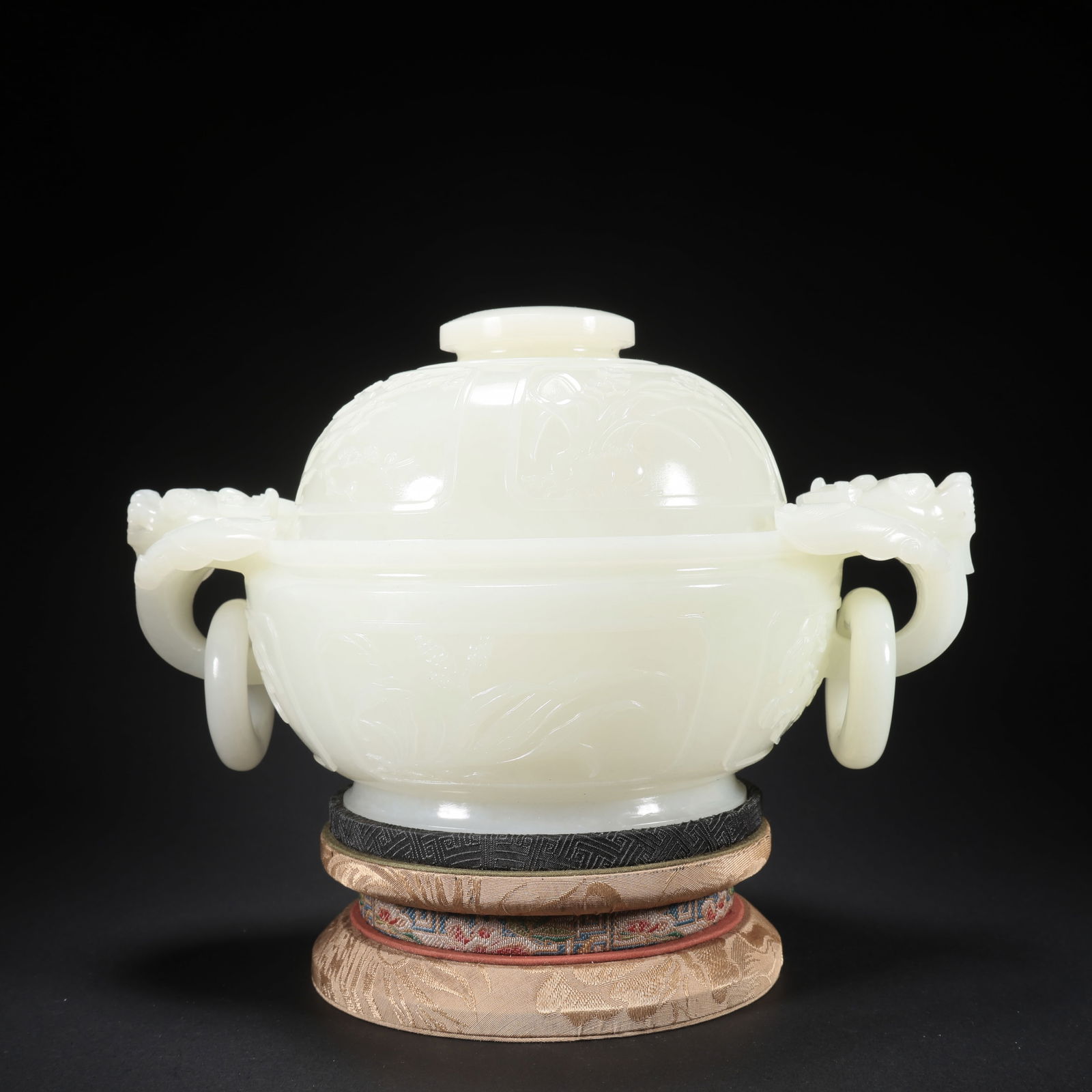 A HETIAN JADE COVERED CENSER WITH DOUBLE BEAST HANDLES, DECORATED WITH PLUM, ORCHID, BAMBOO, AND (1 of 9)