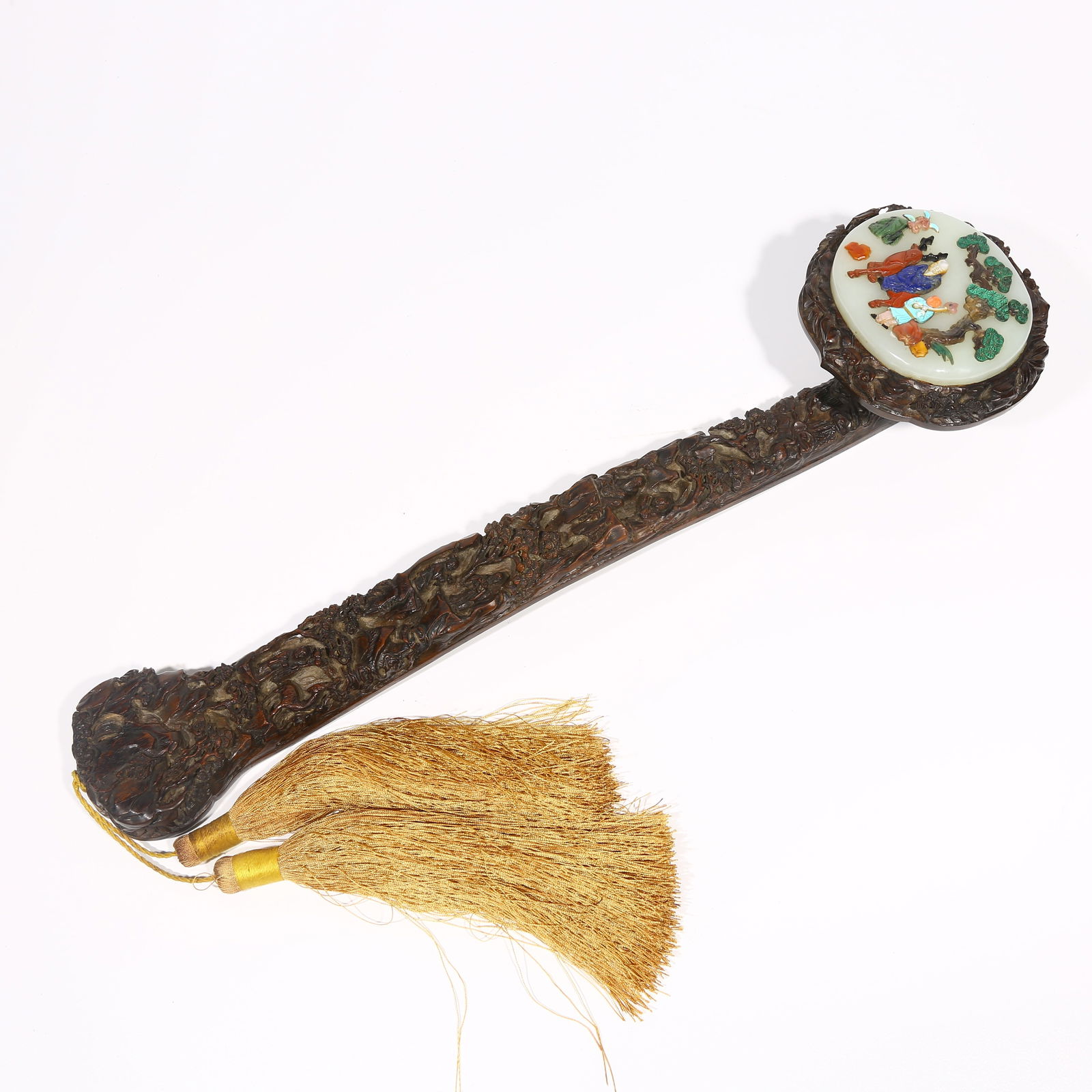 A ZITAN WOOD RUYI SCEPTER INLAID WITH HARDSTONES DEPICTING FU, LU, AND SHOU (1 of 5)