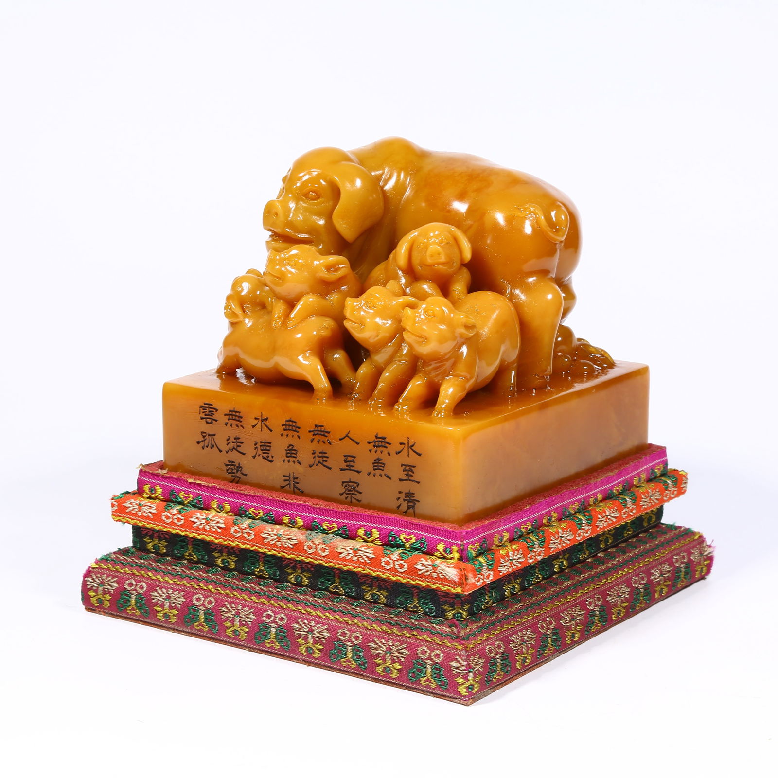 A SHOUSHAN TIANHUANG STONE SEAL WITH PIG KNOB: Shoushan Tianhuang stone seal with pig knob