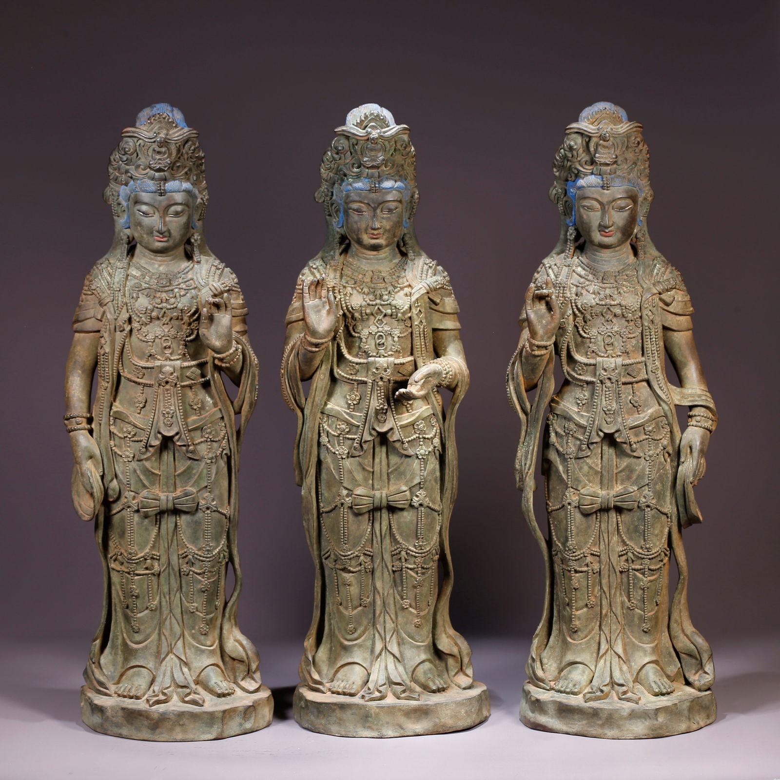 A SET OF BRONZE BODHISATTVA STATUES: Set of Bronze Bodhisattva Statues