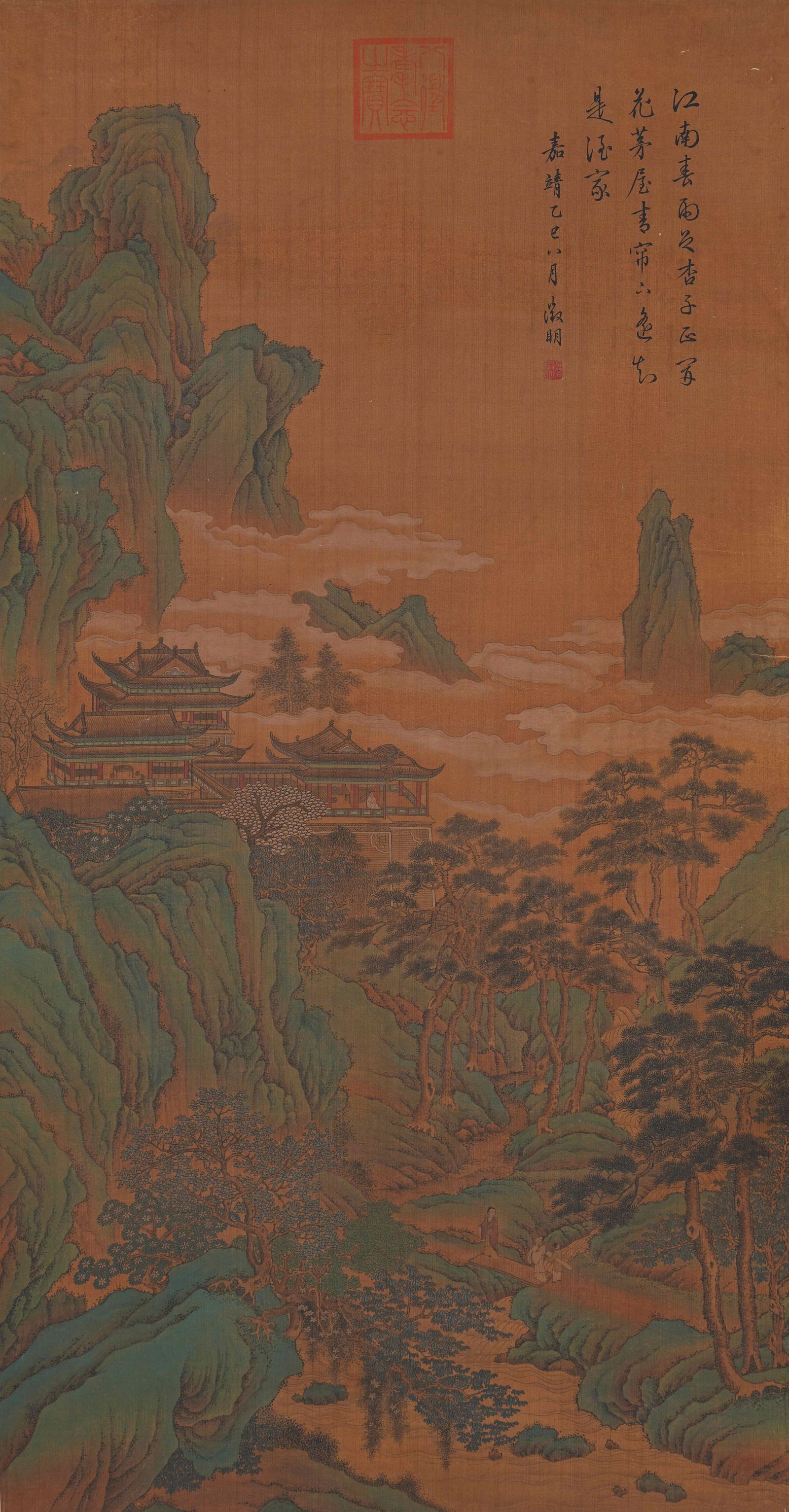 A LANDSCAPE WITH PAVILION AND FIGURES PAINTING ON SILK BY WEN ZHENGMING.文徵明 (1 of 9)