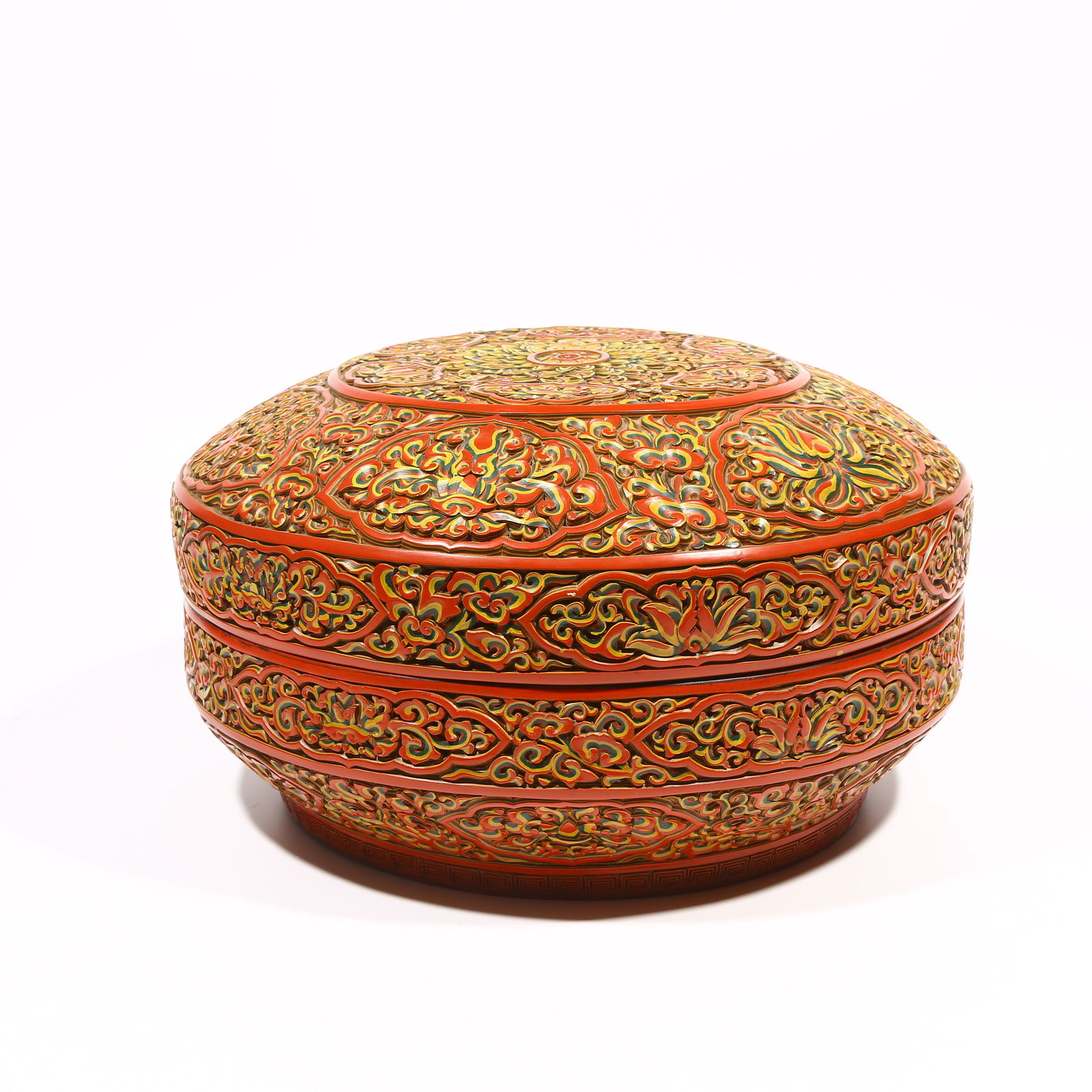 A CARVED POLYCHROME LACQUER COVERED BOX WITH FLORAL TREASURES MOTIF: Carved Polychrome Lacquer Covered Box with Floral Treasures Motif